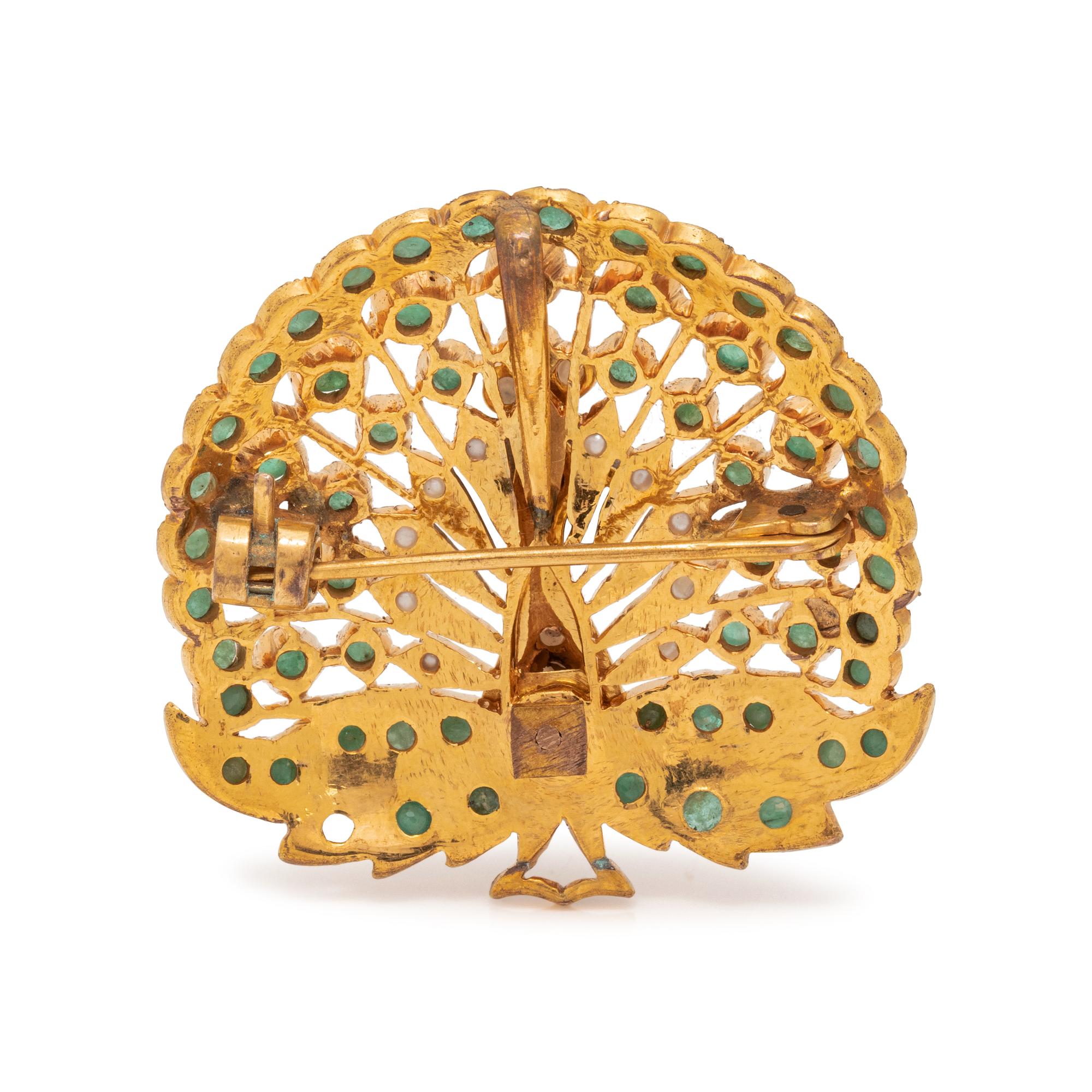 EMERALD AND SEED PEARL PEACOCK BROOCH