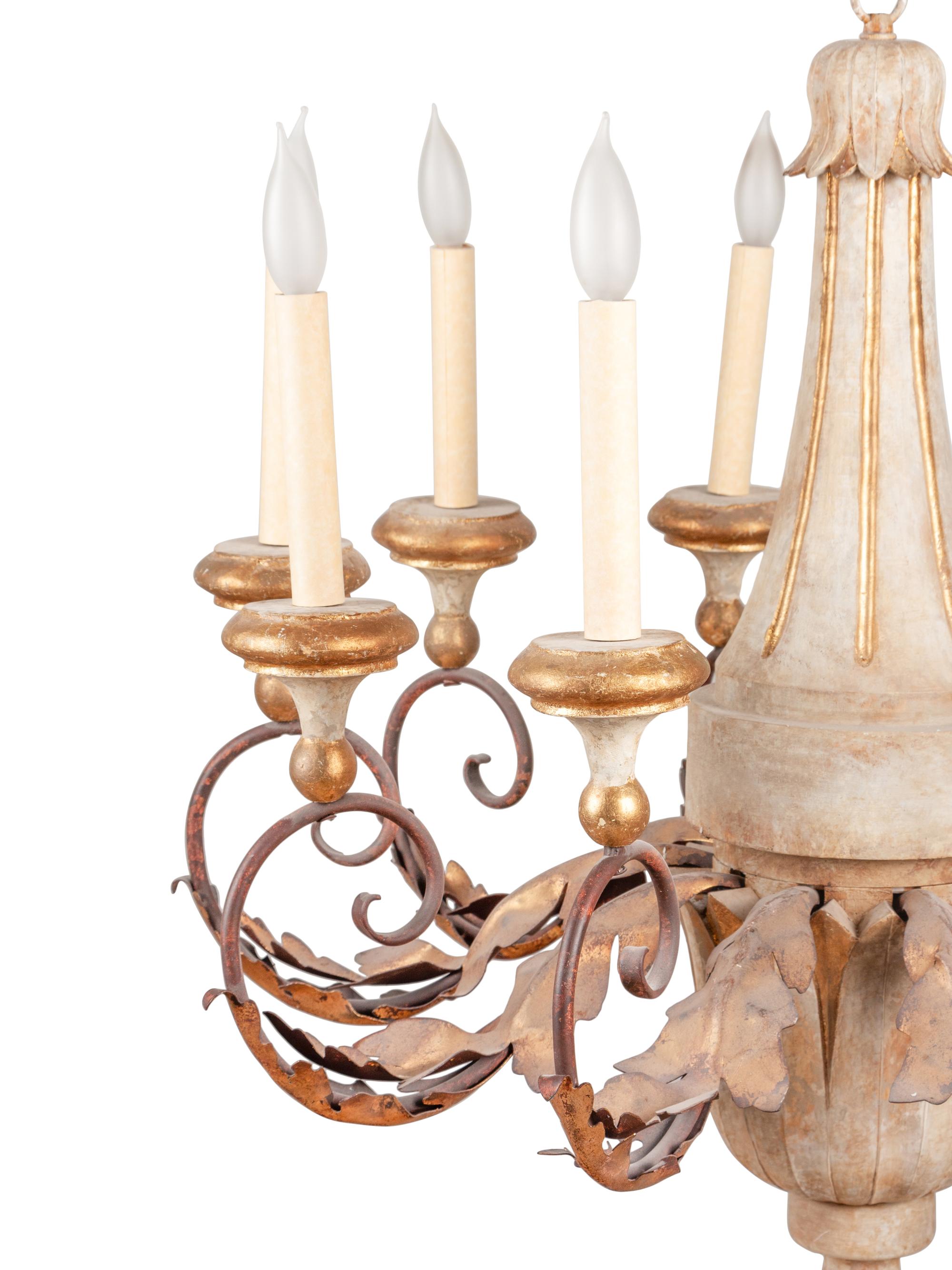 An Italian Painted Wood and Gilt Tole Ten-Light Chandelier