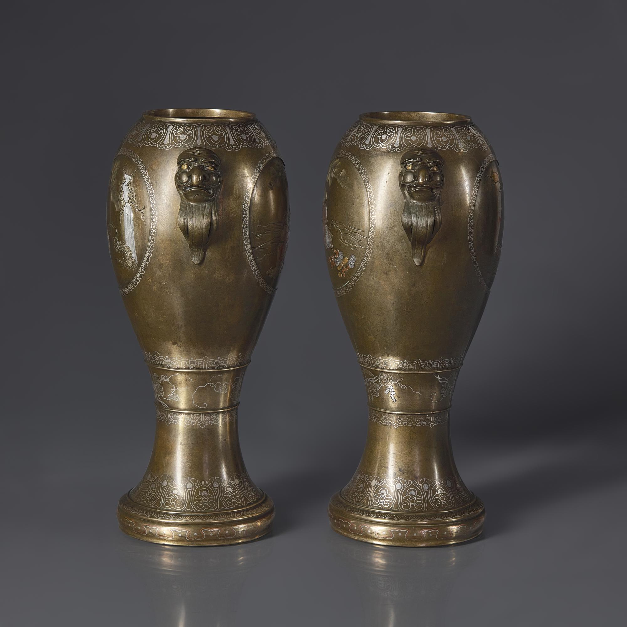 A Pair of Japanese Kaga Style Mixed Metal-Inlaid Bronze Vases, Meiji Period — 日本明治時期 銅瓶一對