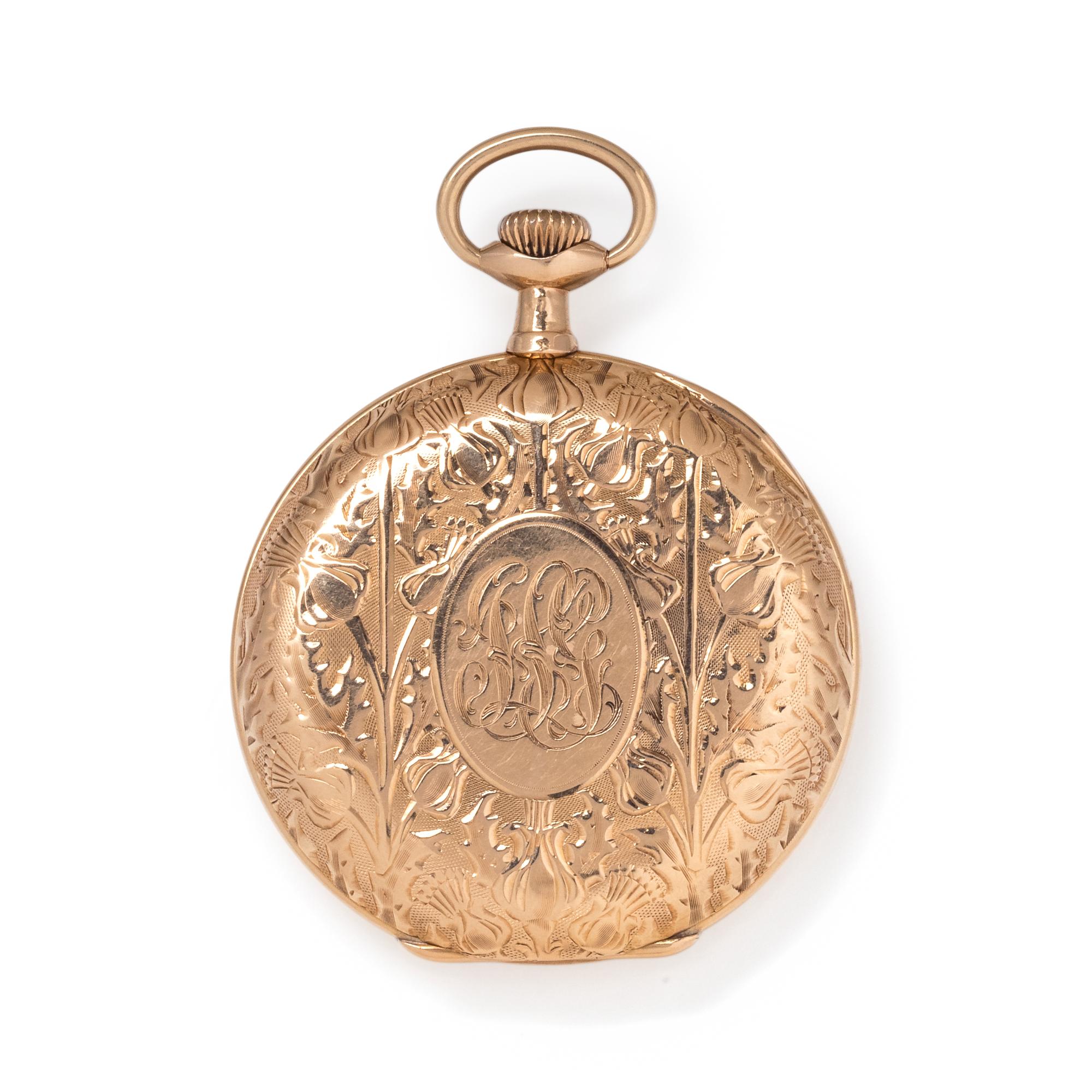 ELGIN, 14K YELLOW GOLD OPEN FACE POCKET WATCH WITH GOLD-FILLED FOB CHAIN