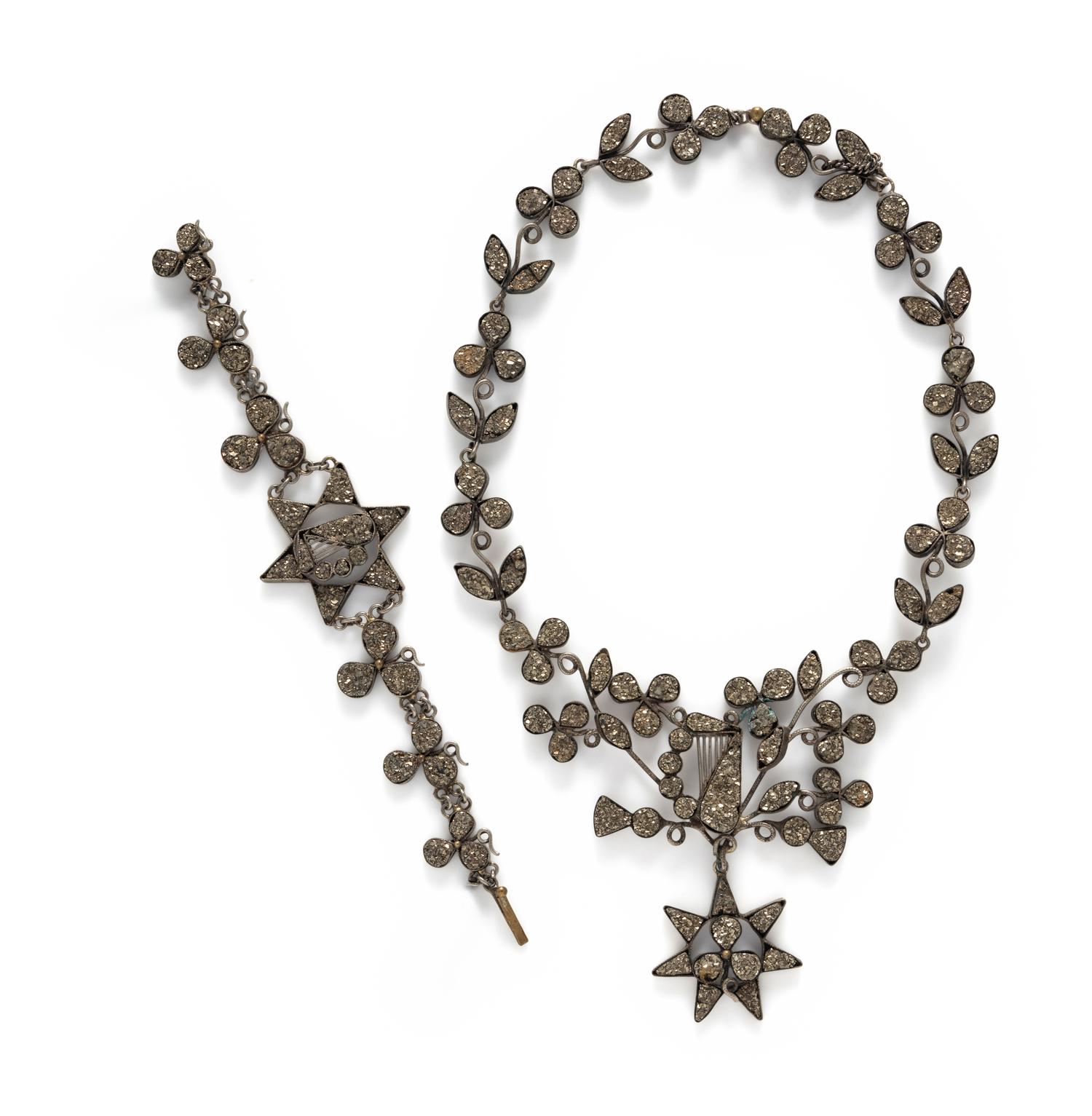 PYRITE SHAMROCK, HARP AND STAR NECKLACE AND BRACELET