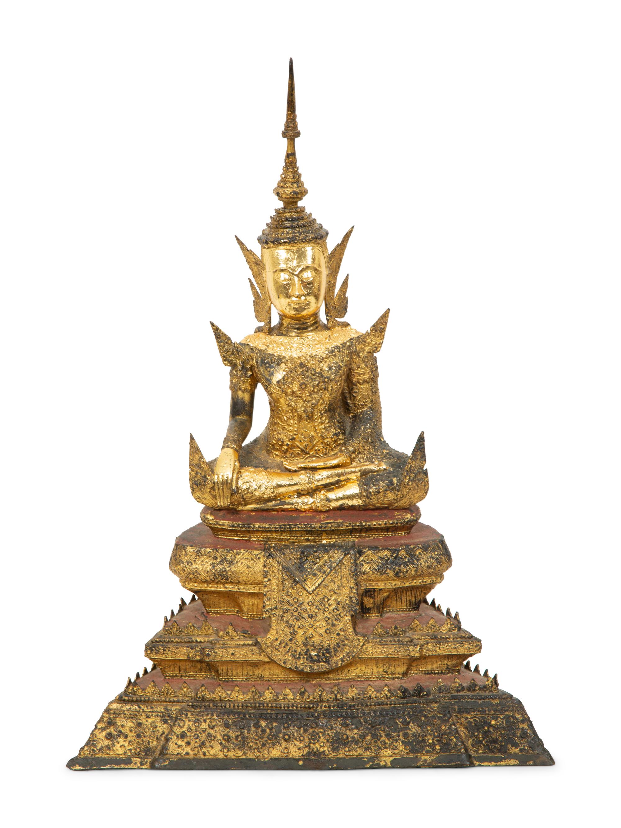 A Cambodian Red Lacquer and Parcel Gilt Figure of Seated Deity
