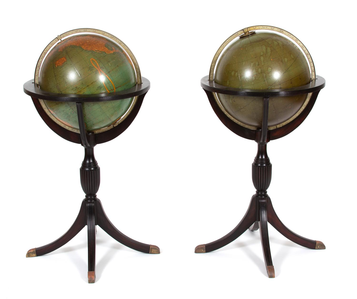 A Pair of Terrestial and Celestial Globes in Mahogany Tripod Stands — EARLY 20TH CENTURY