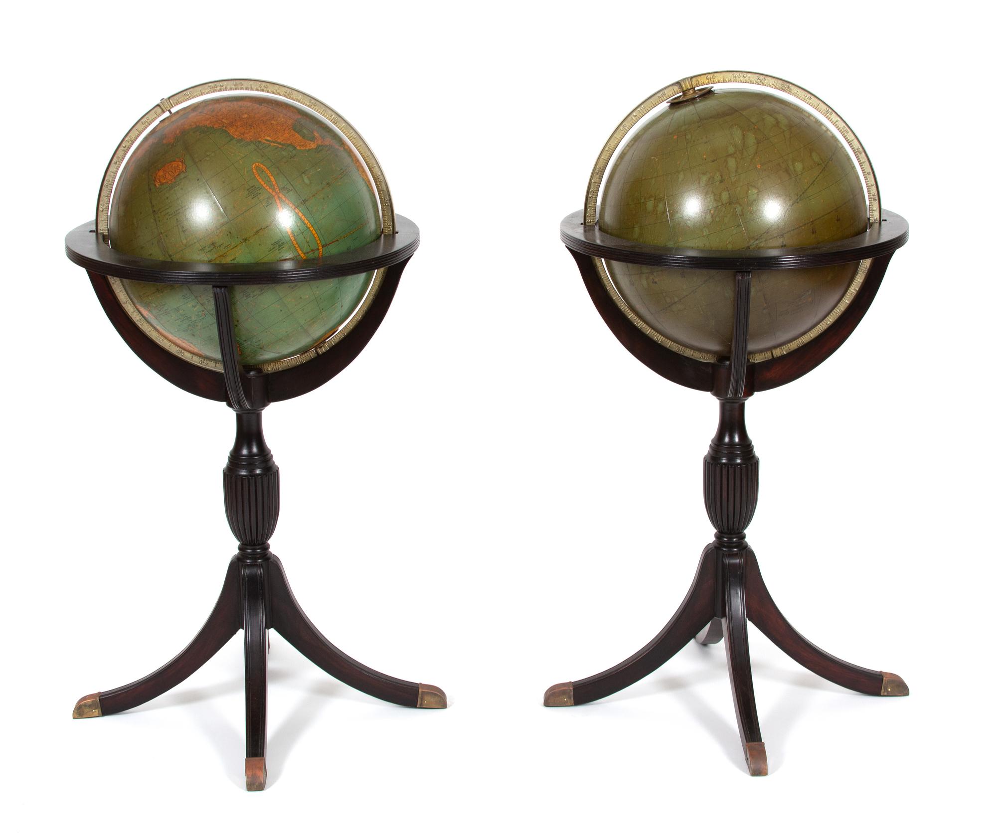 A Pair of Terrestial and Celestial Globes in Mahogany Tripod Stands — EARLY 20TH CENTURY