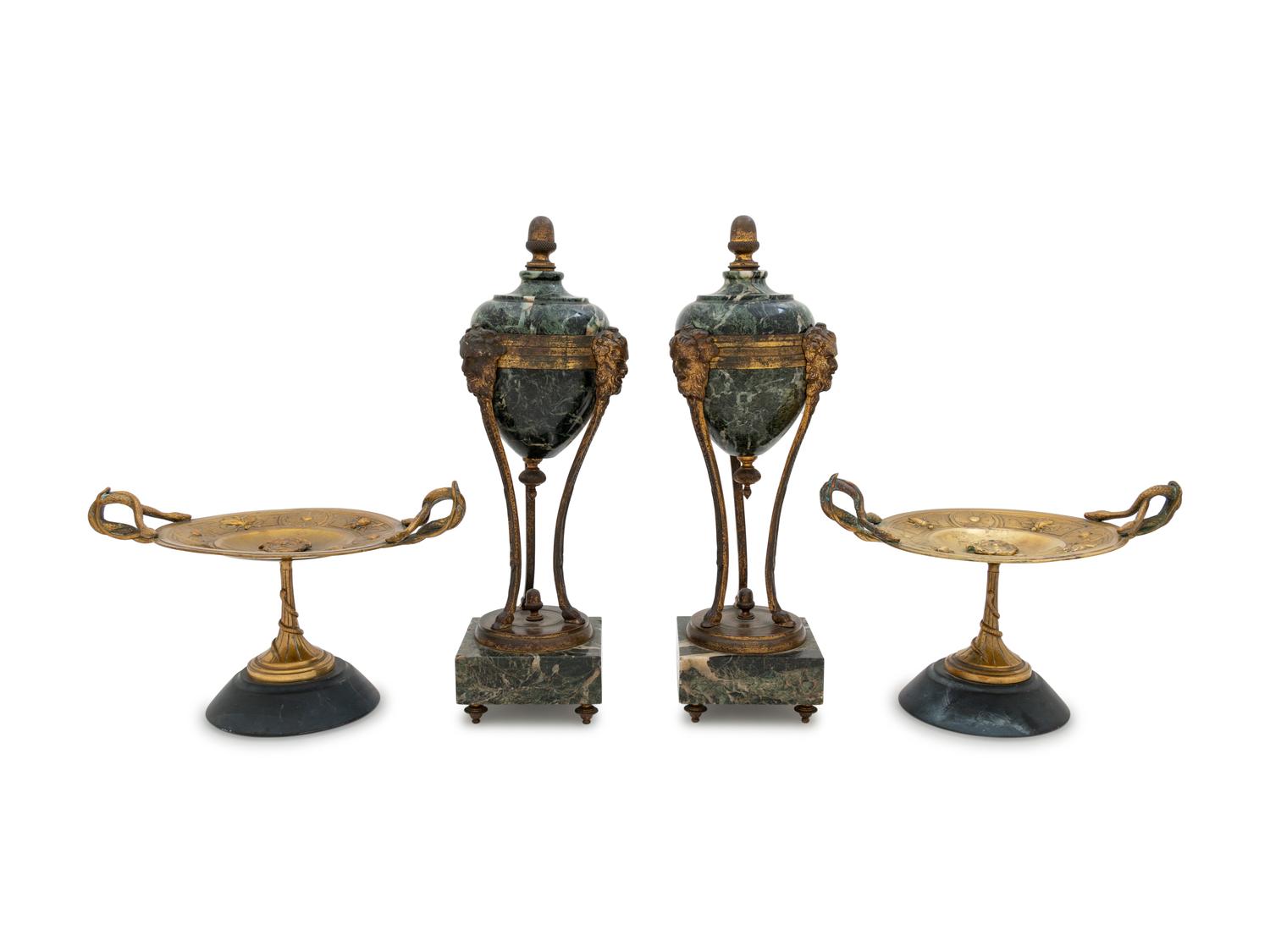 A Pair of Neoclassical Brass Tazze and a Pair of Neoclassical Gilt Bronze and Marble Cassolettes