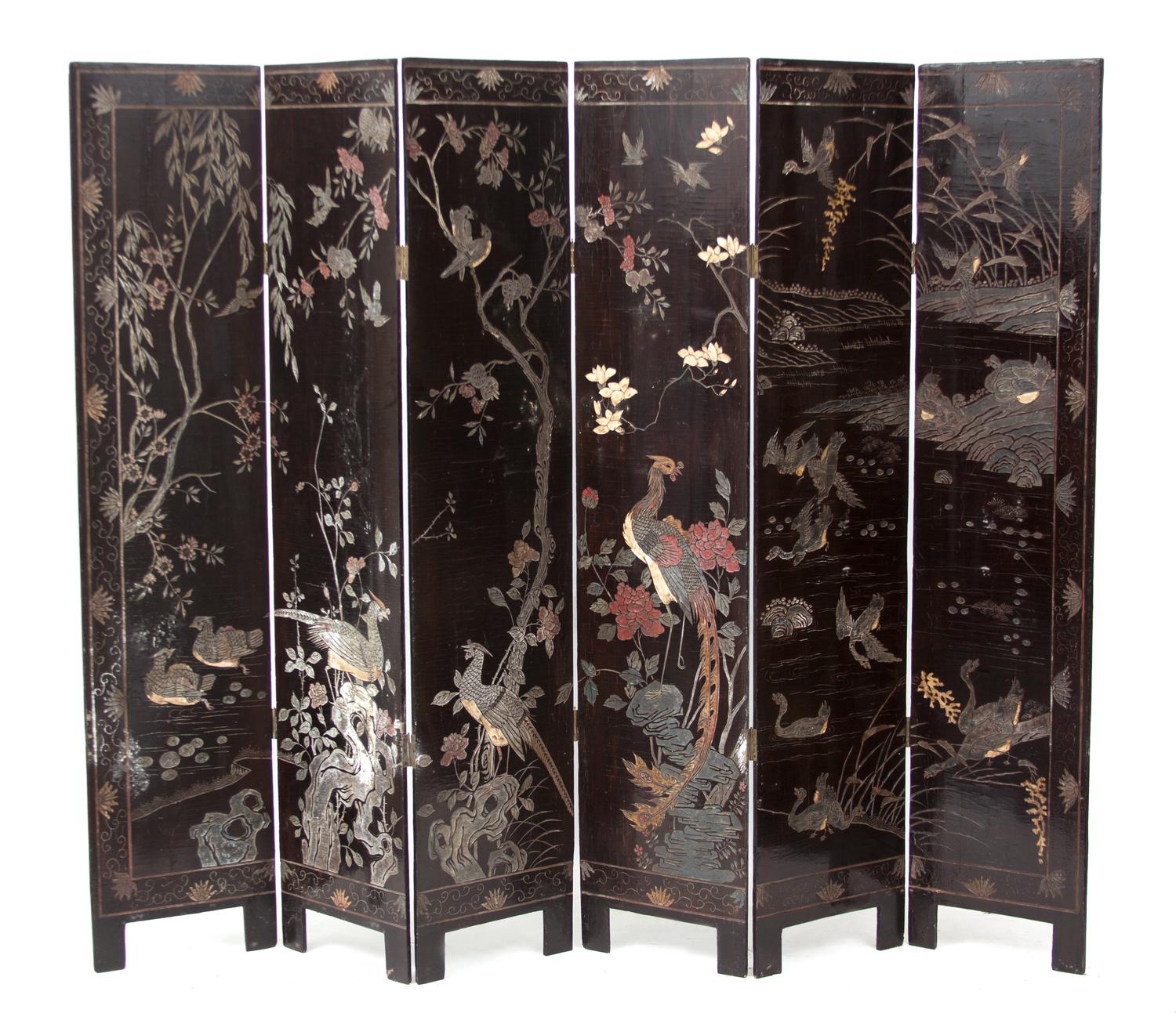 A Chinese Coromandel Lacquer Six-Panel Floor Screen Each panel height 71 1/2 x 15 3/4 inches. — 19TH CENTURY