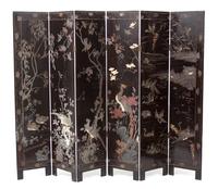 A Chinese Coromandel Lacquer Six-Panel Floor Screen Each panel height 71 1/2 x 15 3/4 inches. — 19TH CENTURY