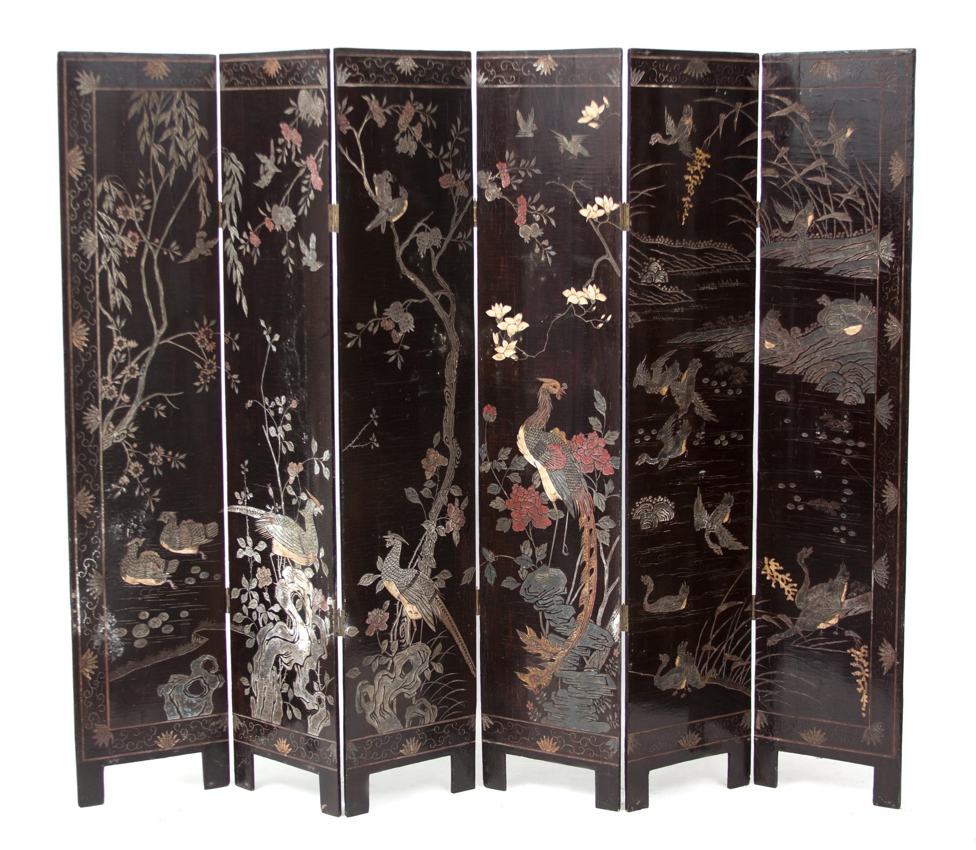 A Chinese Coromandel Lacquer Six-Panel Floor Screen Each panel height 71 1/2 x 15 3/4 inches. — 19TH CENTURY