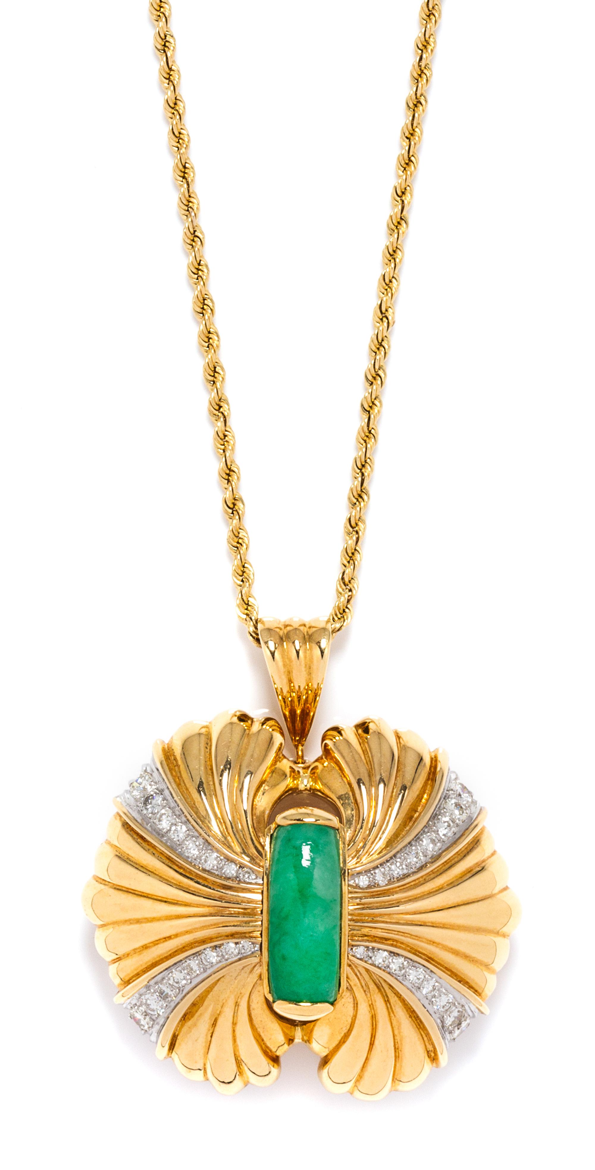 An 18 Karat Yellow Gold, Jade and Diamond Pendant/Brooch, 37.40 dwts.