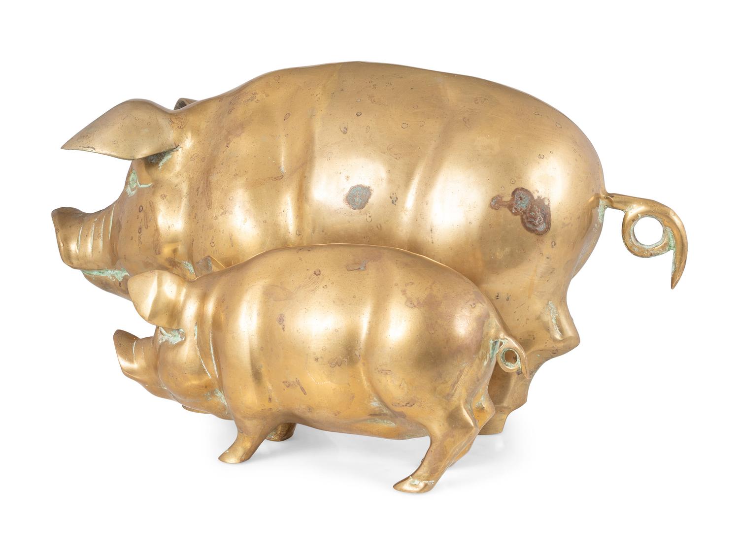 Two Brass Pig Sculptures