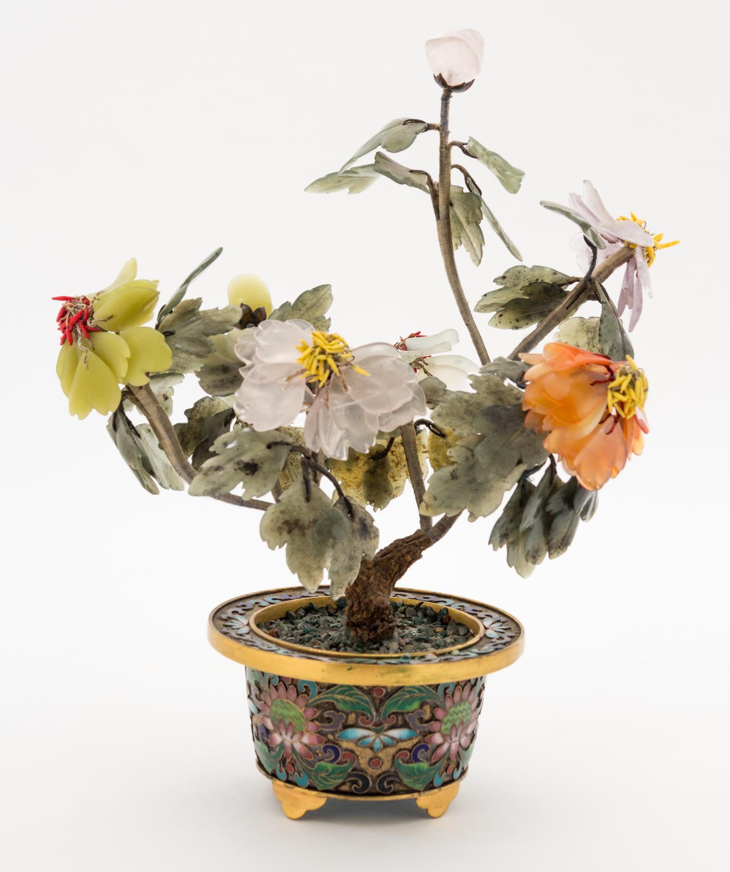 A Chinese Cloisonne Cache Pot with Hardstone Model of a Plant Height 8 inches. — 20TH CENTURY