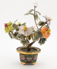 A Chinese Cloisonne Cache Pot with Hardstone Model of a Plant Height 8 inches. — 20TH CENTURY