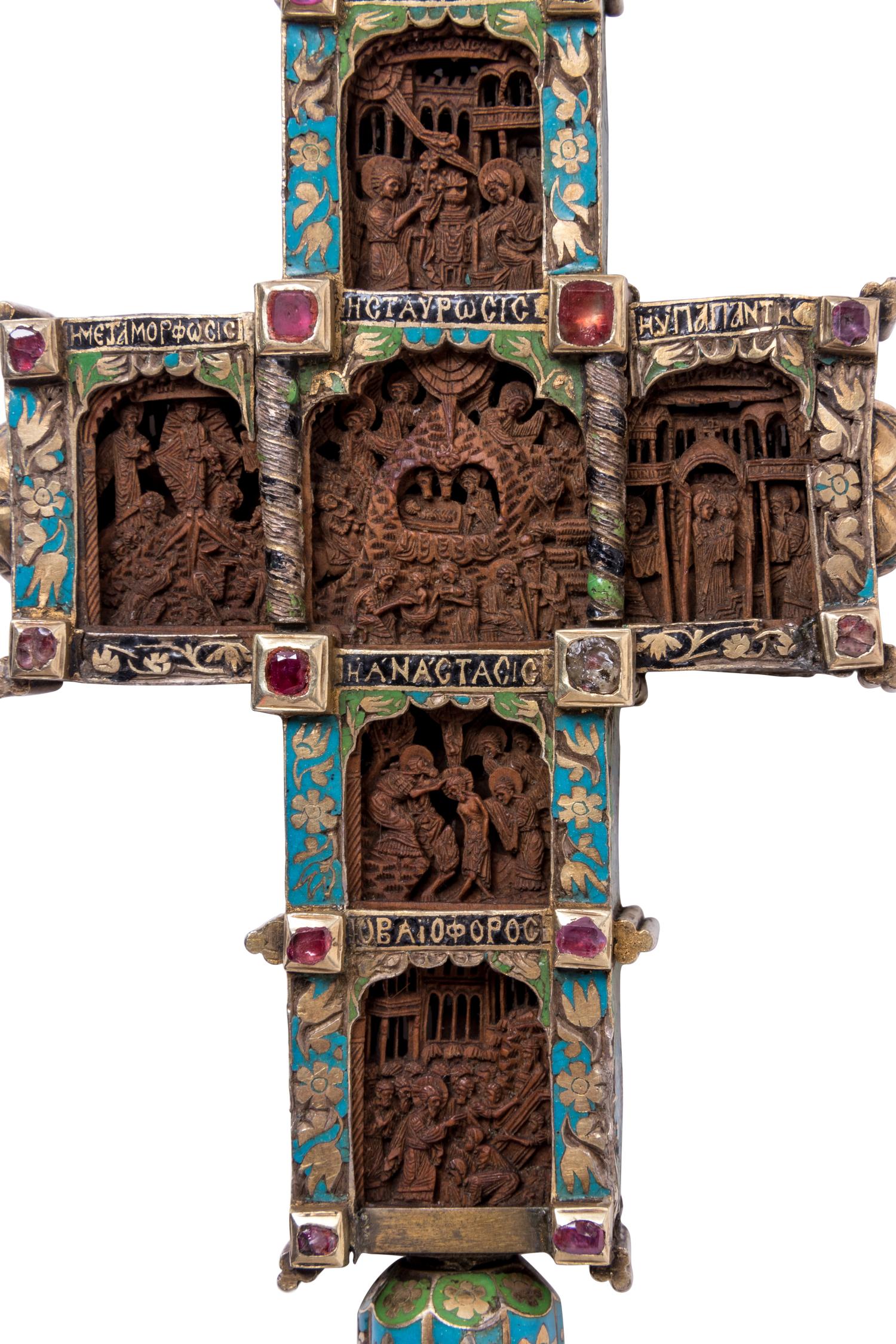A Greek Gem-Set and Enameled Silver and Carved Olivewood Cross