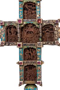 A Greek Gem-Set and Enameled Silver and Carved Olivewood Cross