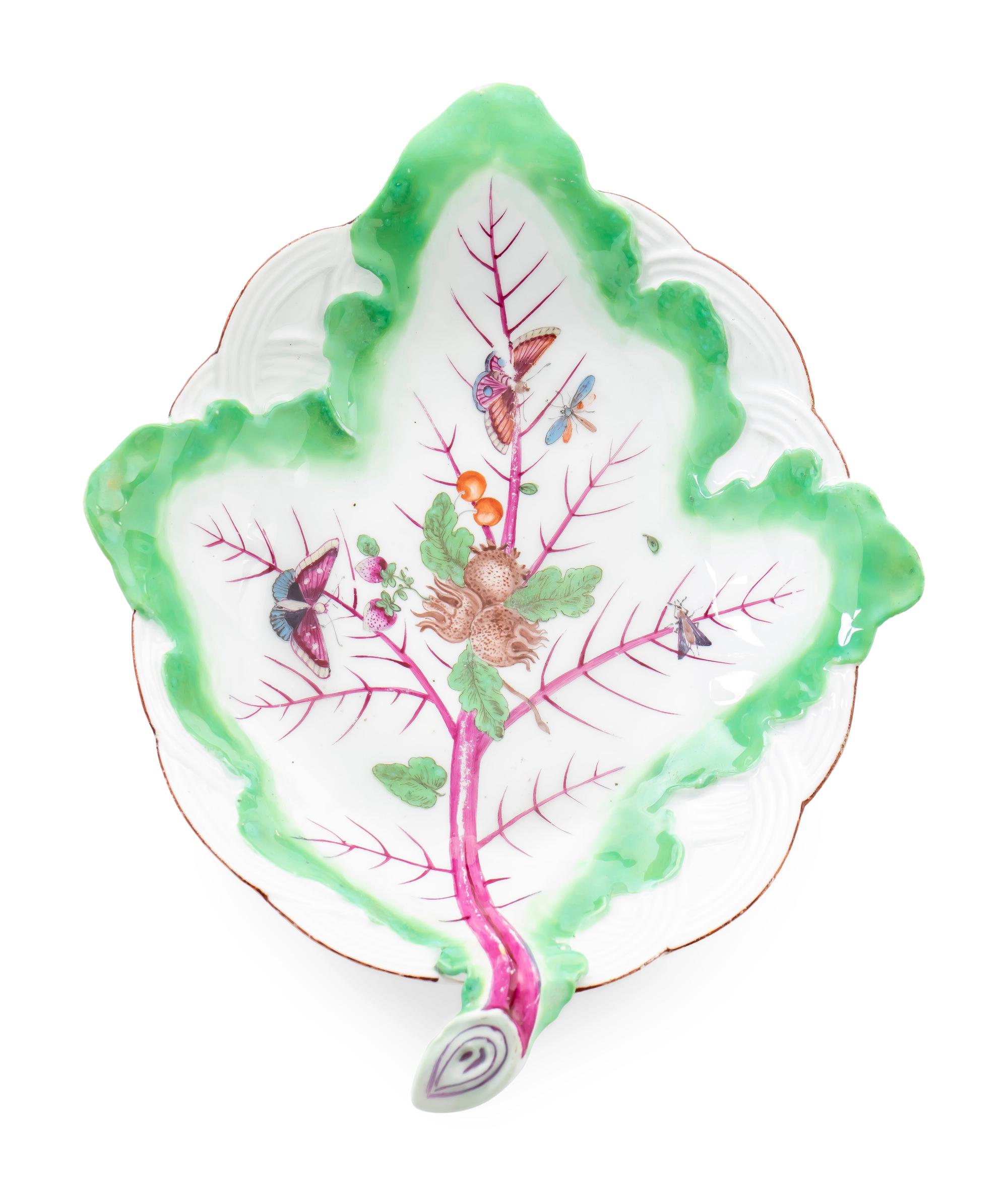 A Pair of Chelsea Porcelain Leaf-shape Dishes — C. 1756-60