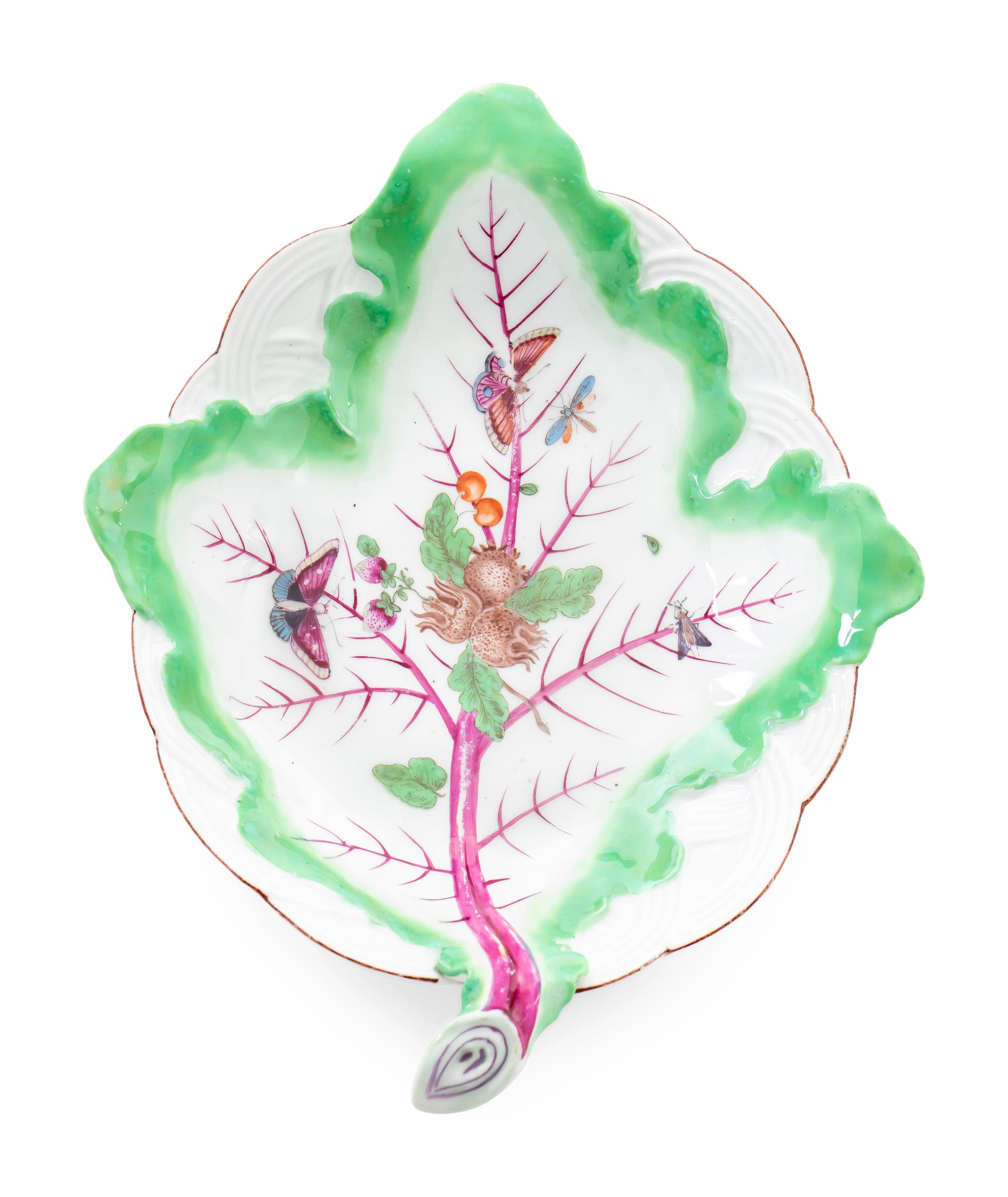 A Pair of Chelsea Porcelain Leaf-shape Dishes — C. 1756-60