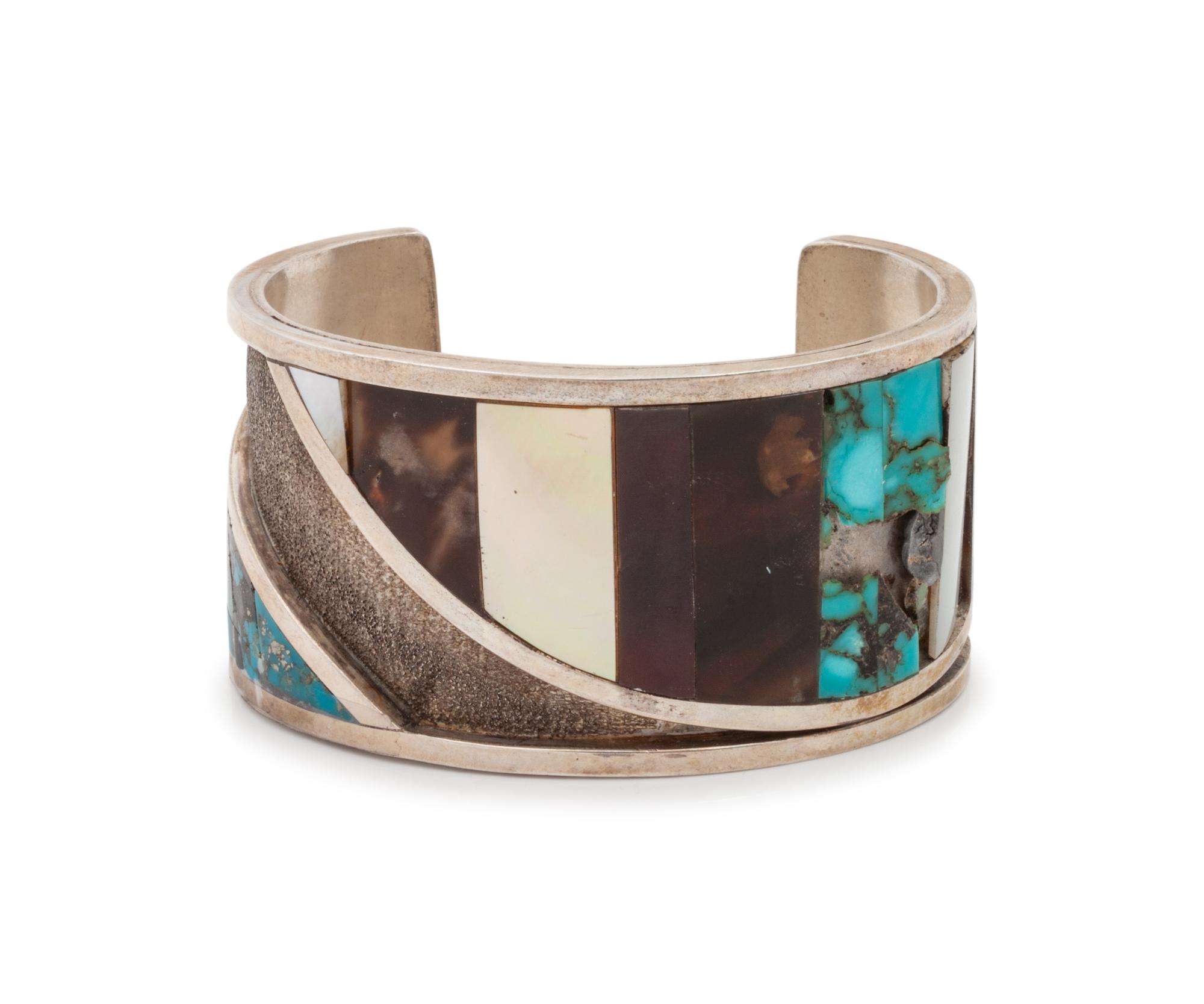 Southwestern Silver, Turquoise, Pipestone, and Shell Inlay Cuff Bracelet, PLUS Matching Single-Strand Necklace