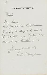 MAUGHAM, W. Somerset. Autographed letter signed ("W.S. Maugham"), to Lane [art collector Sir Hugh Lane], London, n.d. [ca June 1910].