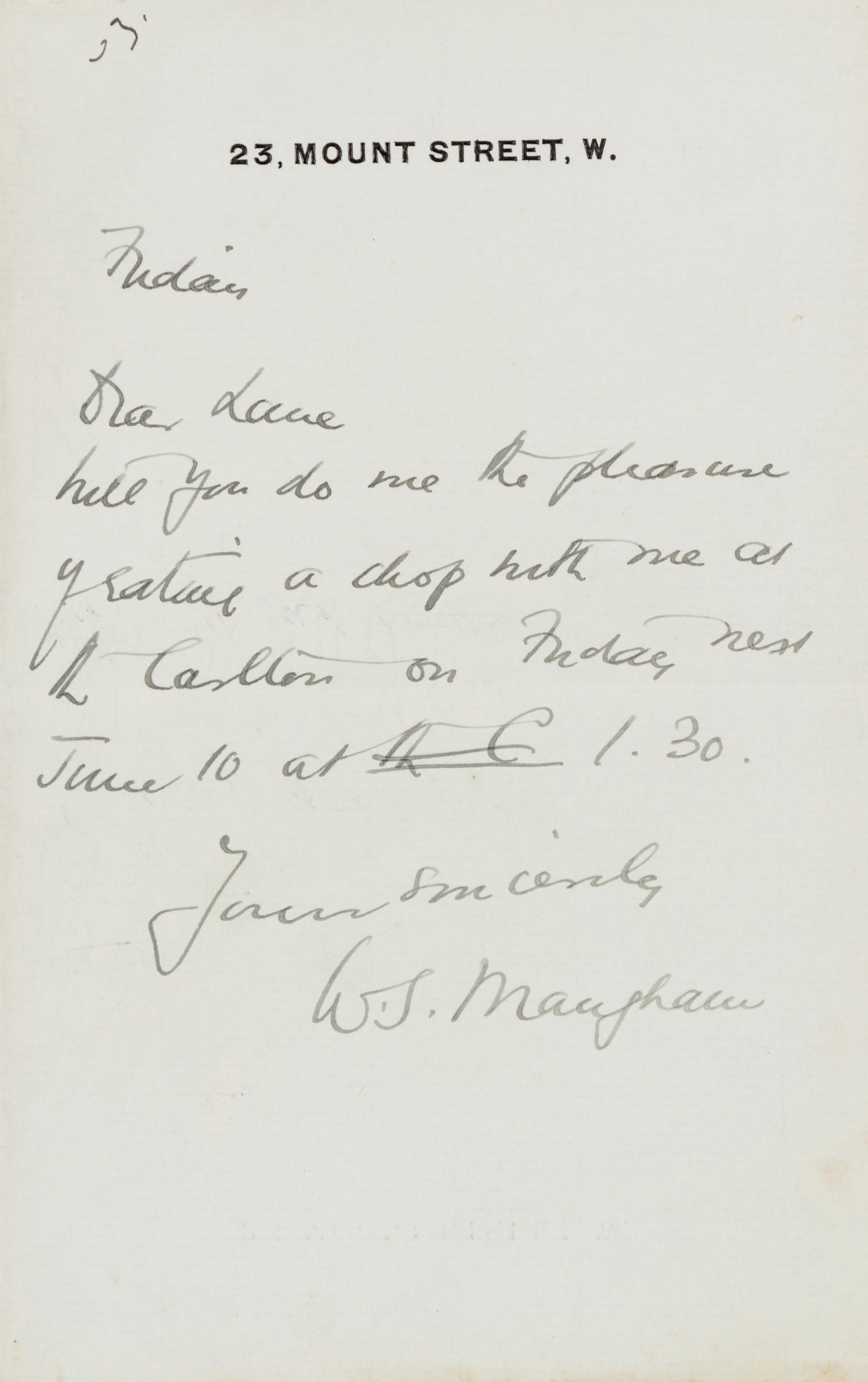 MAUGHAM, W. Somerset. Autographed letter signed ("W.S. Maugham"), to Lane [art collector Sir Hugh Lane], London, n.d. [ca June 1910].