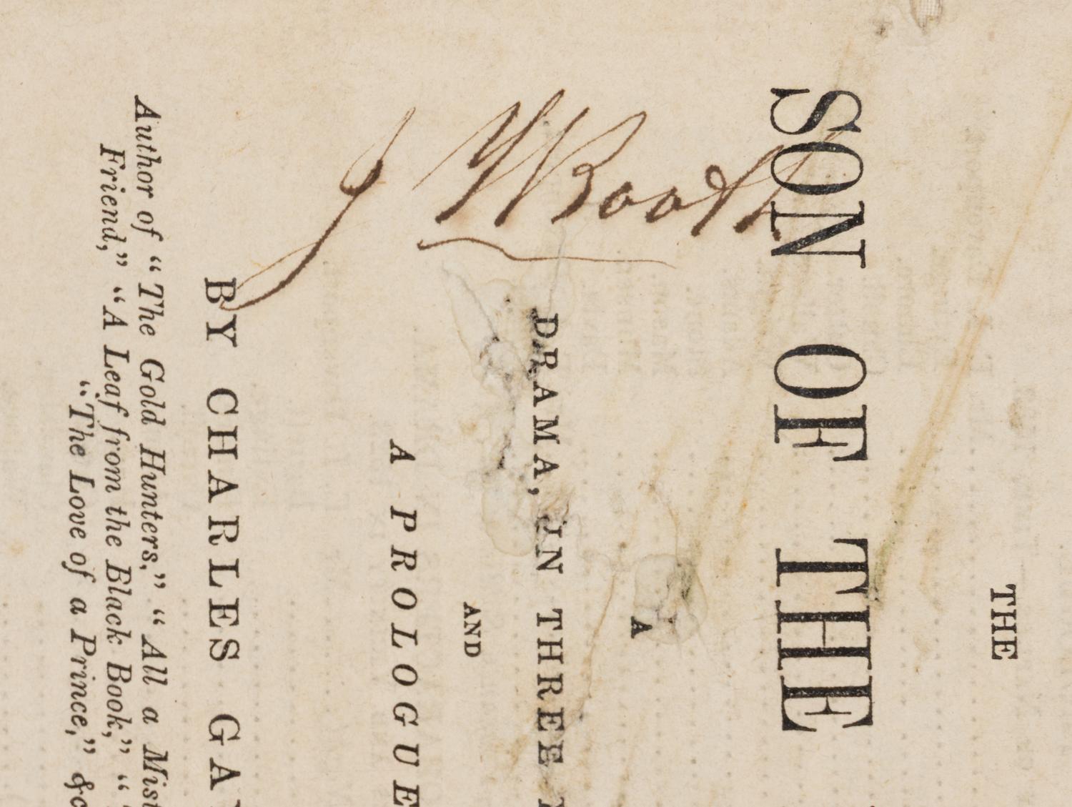 [BOOTH, John Wilkes (1838-1865), his copy]. GAYLER, Charles (1820-1892). Son of the Night: A Drama in Three Days, and a Prologue. New York: Samuel French, 1857.