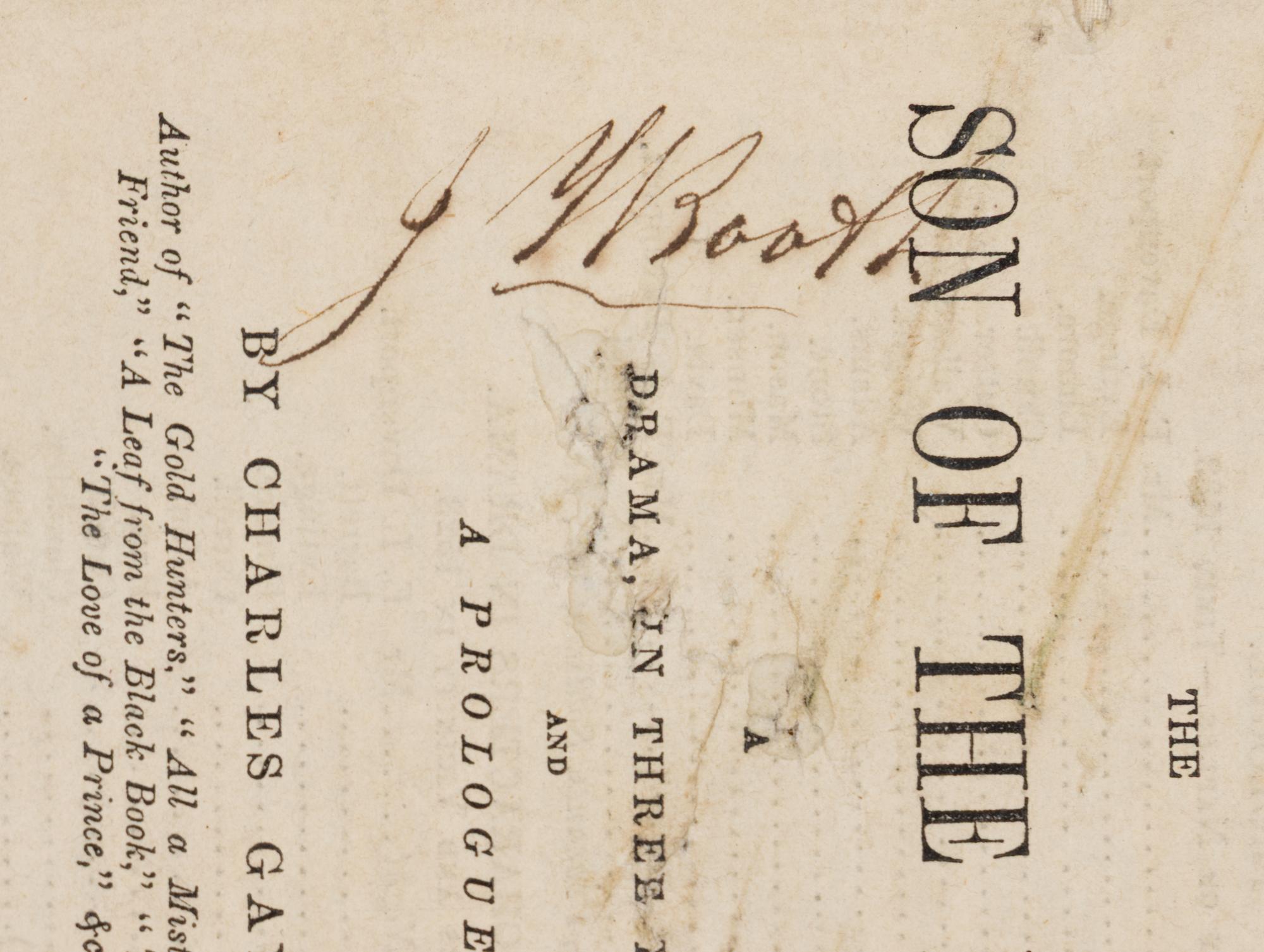 [BOOTH, John Wilkes (1838-1865), his copy]. GAYLER, Charles (1820-1892). Son of the Night: A Drama in Three Days, and a Prologue. New York: Samuel French, 1857.