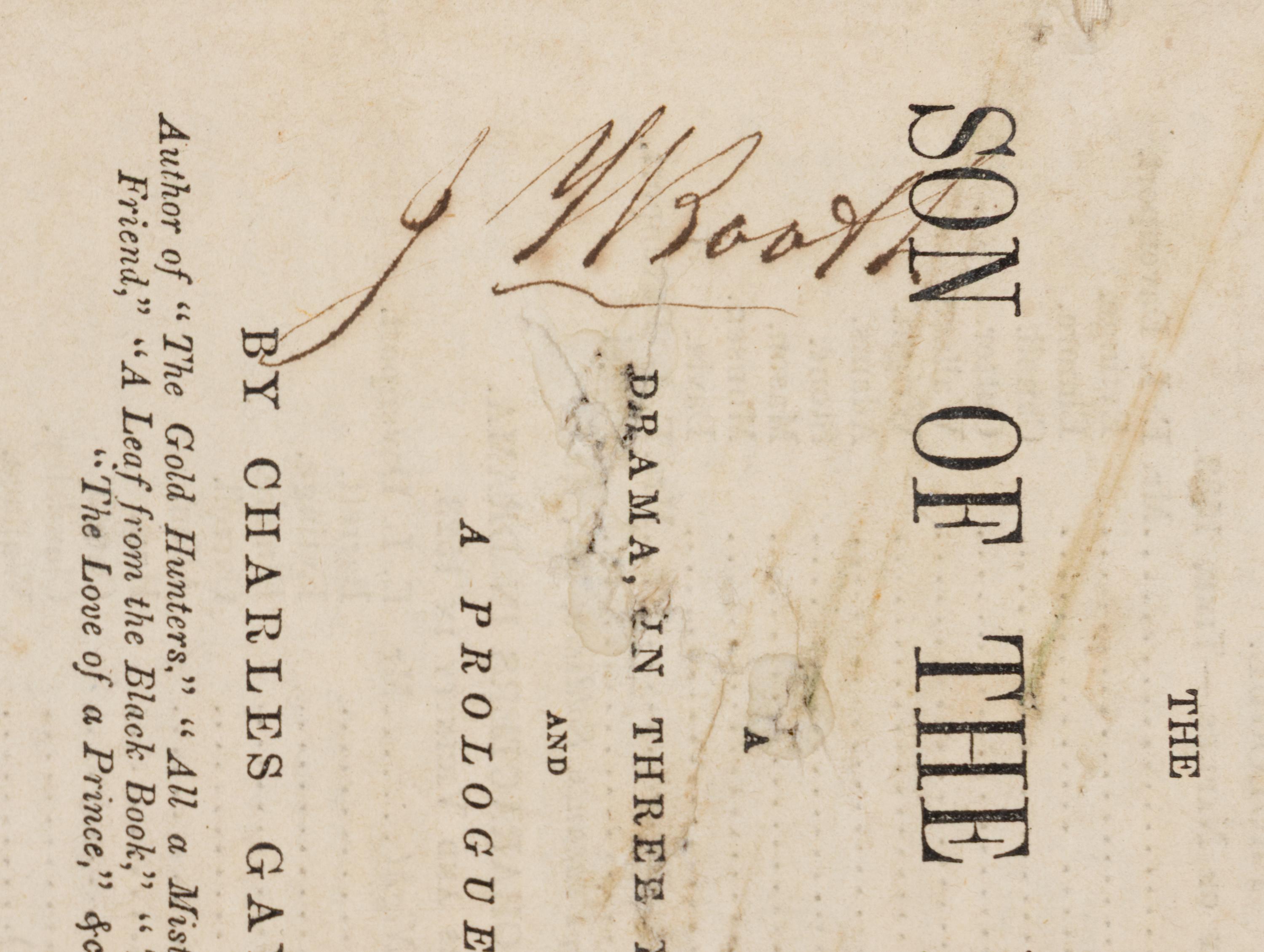 [BOOTH, John Wilkes (1838-1865), his copy]. GAYLER, Charles (1820-1892). Son of the Night: A Drama in Three Days, and a Prologue. New York: Samuel French, 1857.
