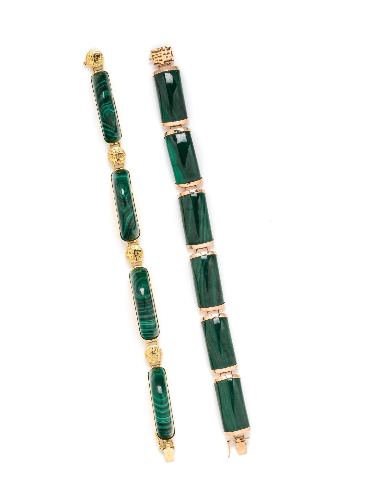PAIR OF GOLD AND MALACHITE BRACELETS
