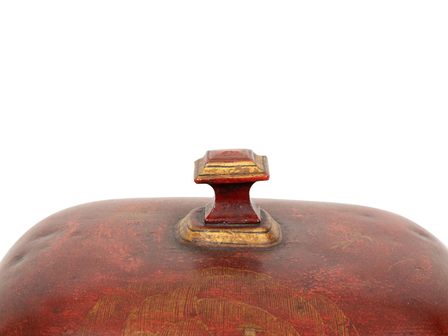 A Regency Style Red Tole Covered Box with Black and Gilt Chinoiserie Decoration and a Similar Bucket