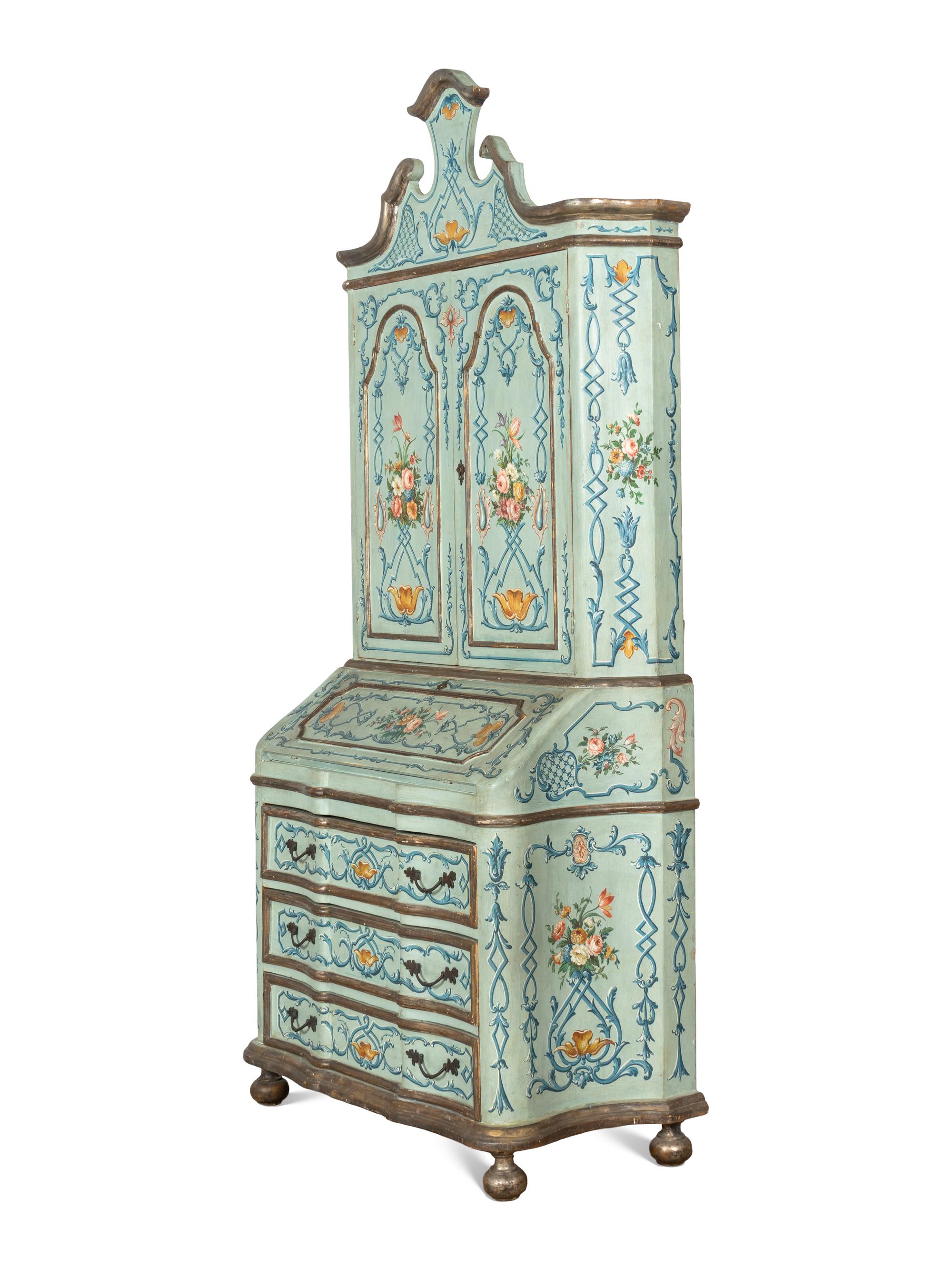 A Venetian Rococo Style Polychrome Decorated and Parcel Gilt Bureau Cabinet