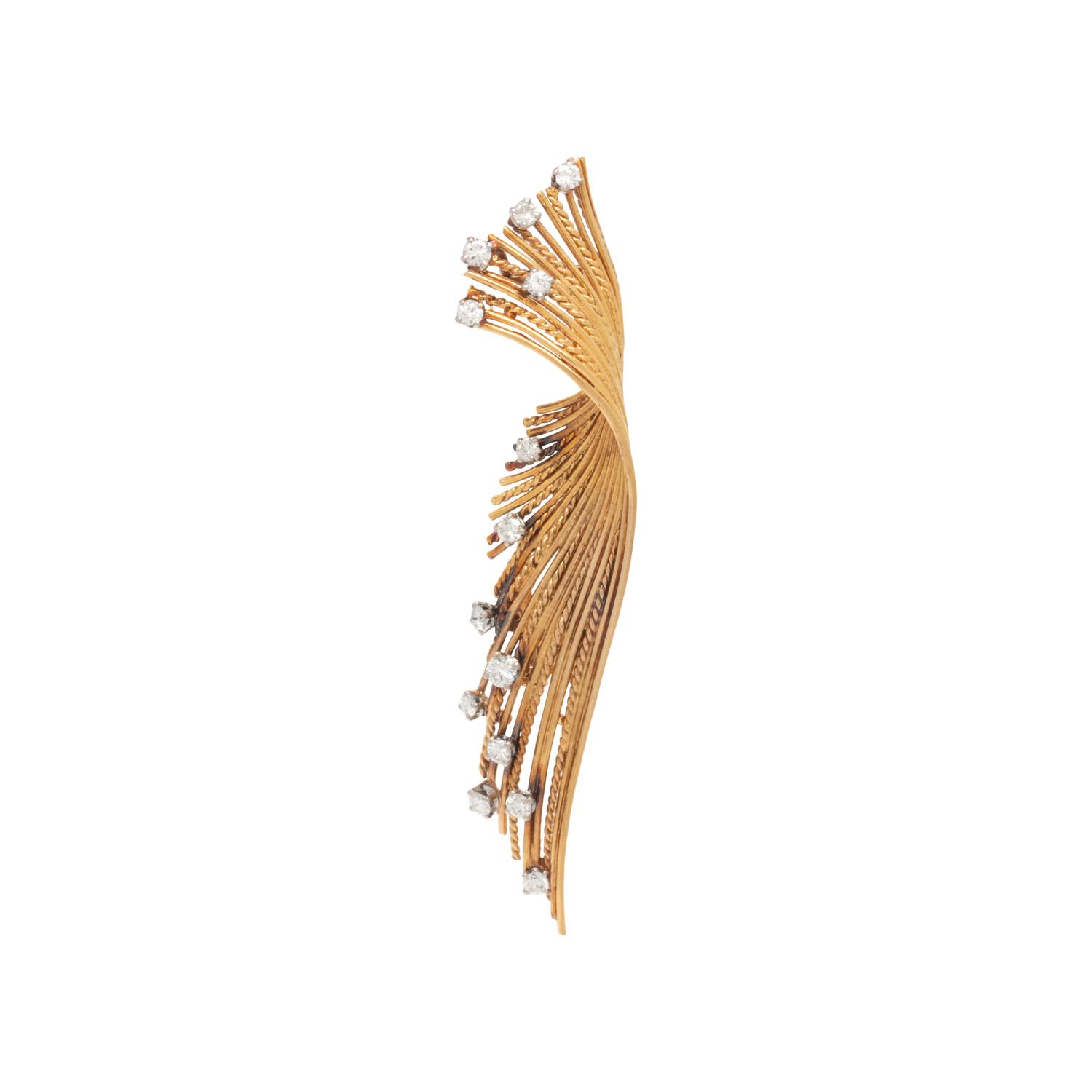 FRENCH, YELLOW GOLD AND DIAMOND SPRAY BROOCH