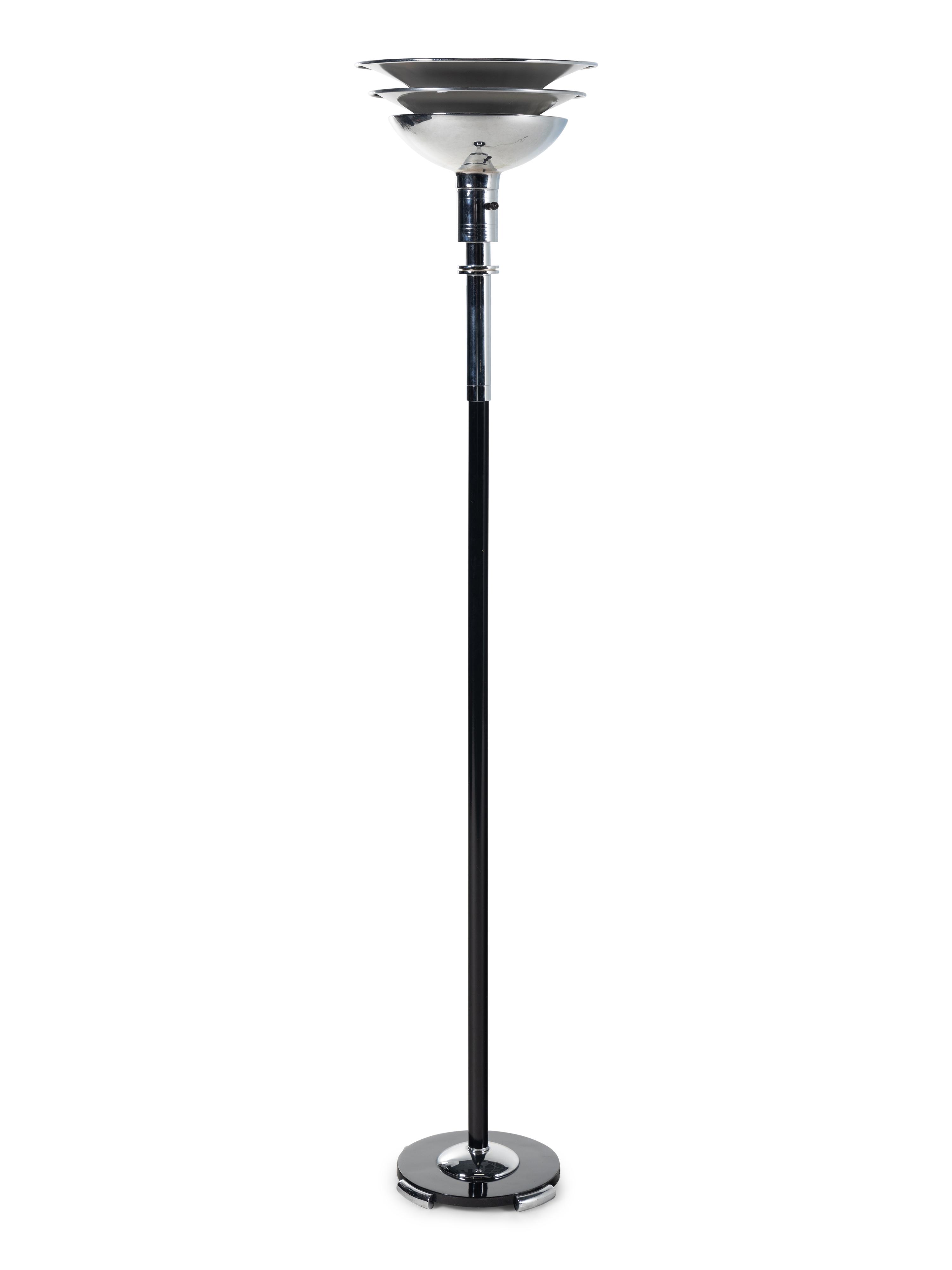 An Art Deco Chromed and Ebonized Torchiere