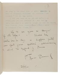 [LAWRENCE, T. E.]. --POUND, Ezra (1885-1972). Typed letter signed ("Ezra Pound") with five-line autograph postscript and emendations in text, to T.E. Lawrence ("My Dear Hadji ben Abt el Bakshish, Prince de Mecque, Two-Sworded Samurai, Old Bird, Young Bird, Magister Artium, etc."), 5 Holland Place Chambers, Kensington, 20 April 1920. 3 pages, 4to. Provenance : Sotheby’s, 20 July 1981, lot 262, purchased by Harry Spiro; Spiro Family Collection, sold Christie’s New York, 26 Feb 2004, lot 73.