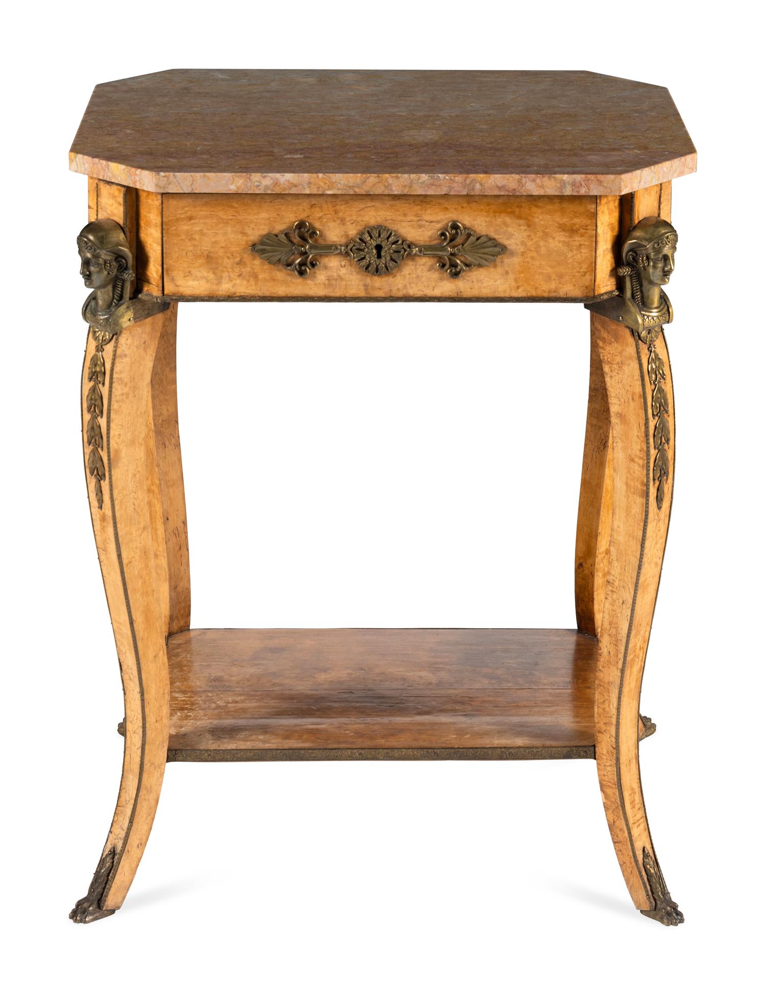 An Empire Style Gilt Bronze Mounted Walnut Marble-Top Occasional Table
