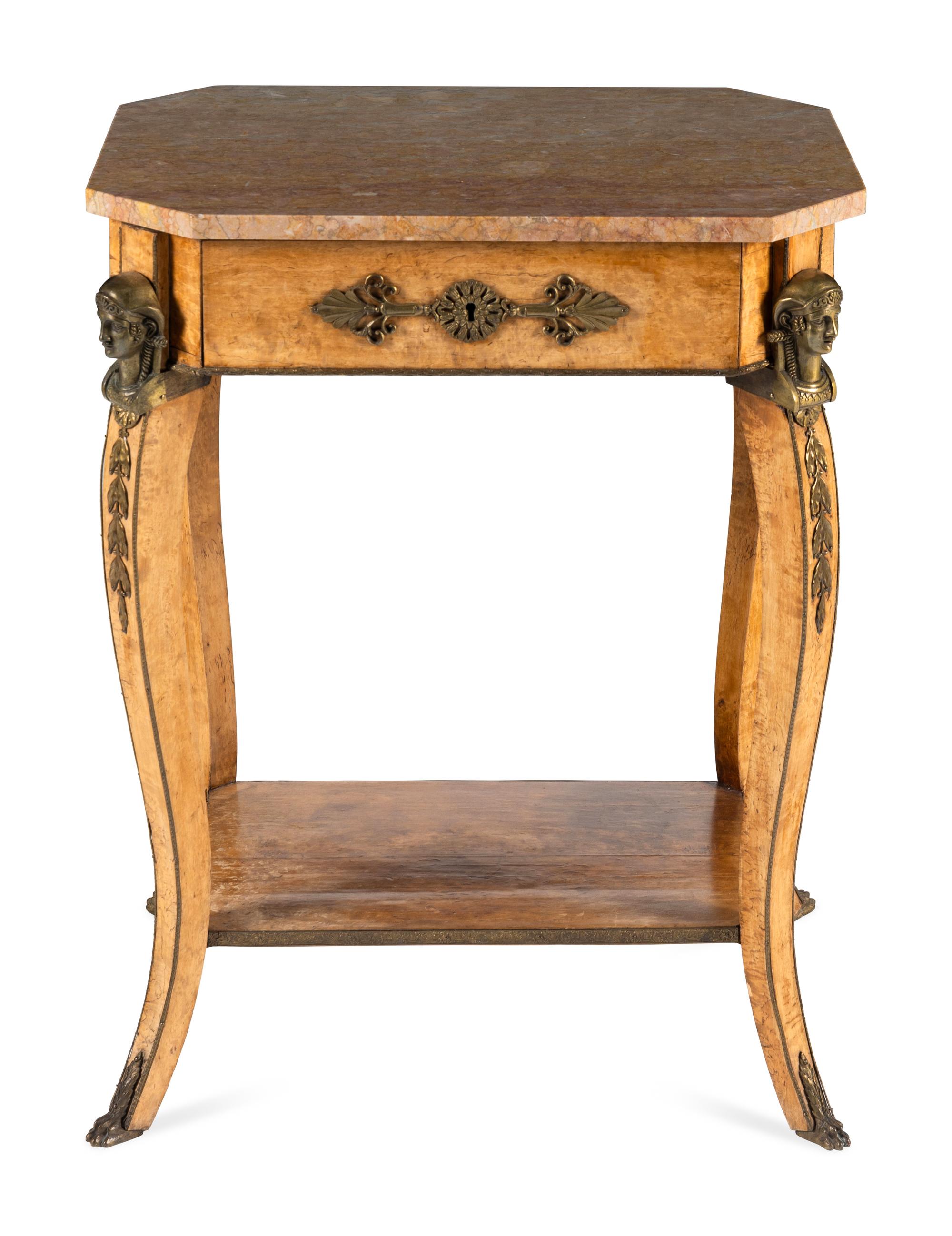 An Empire Style Gilt Bronze Mounted Walnut Marble-Top Occasional Table