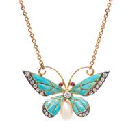 DIAMOND, ENAMEL AND CULTURED PEARL BUTTERFLY PENDANT/NECKLACE