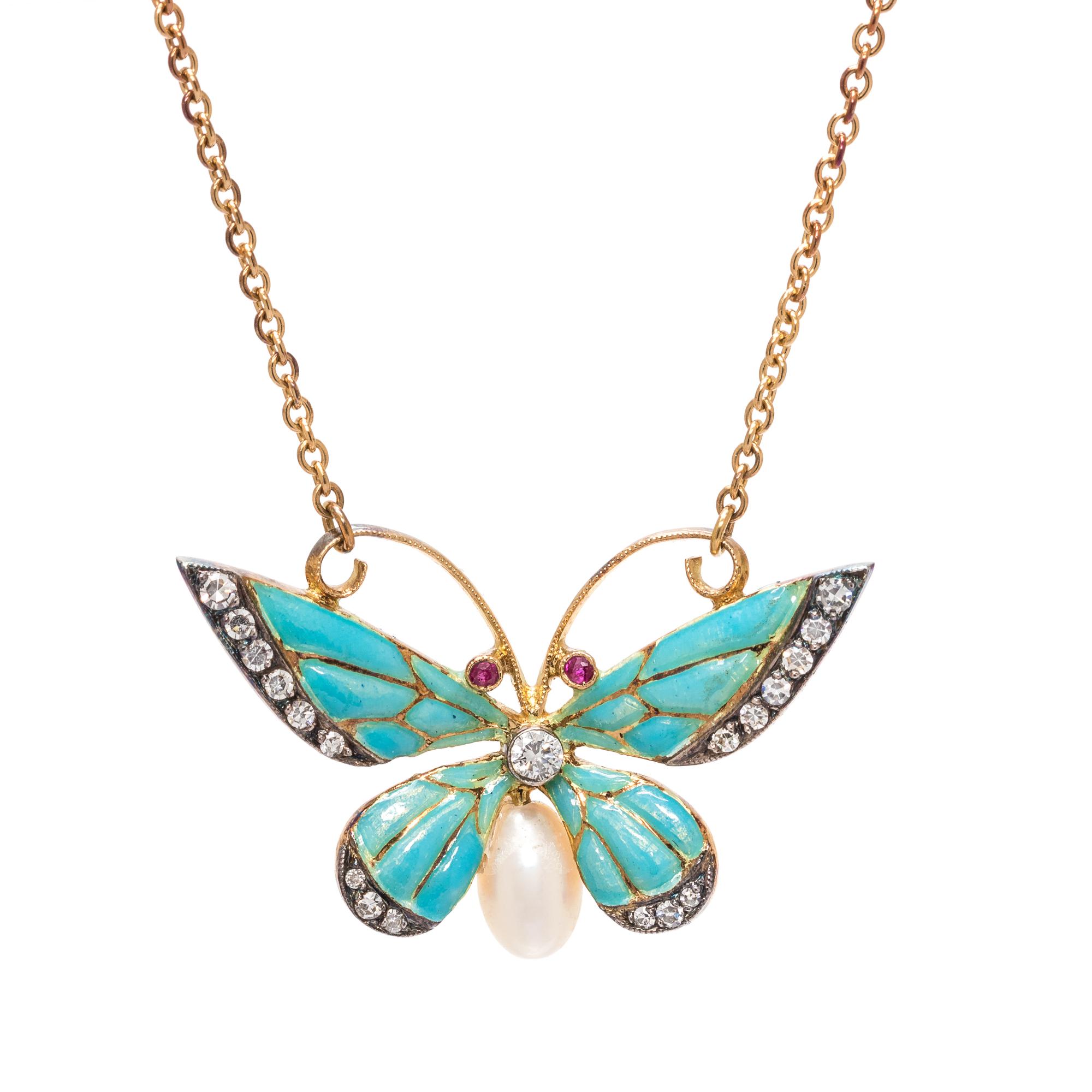 DIAMOND, ENAMEL AND CULTURED PEARL BUTTERFLY PENDANT/NECKLACE