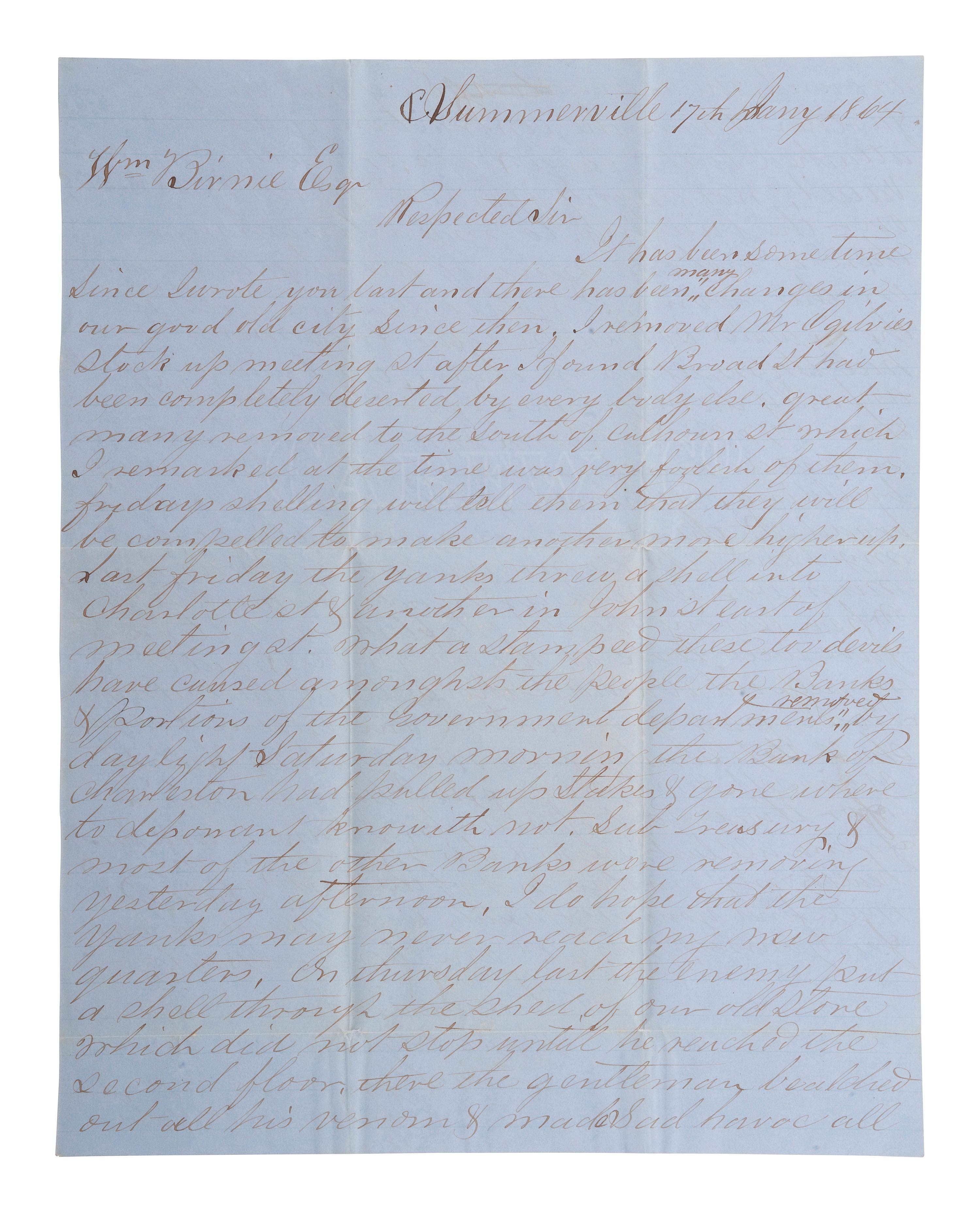[CIVIL WAR]. A merchant's letter providing a detailed description of the bombing of Charleston, SC. Summerville, 17 January 1864.