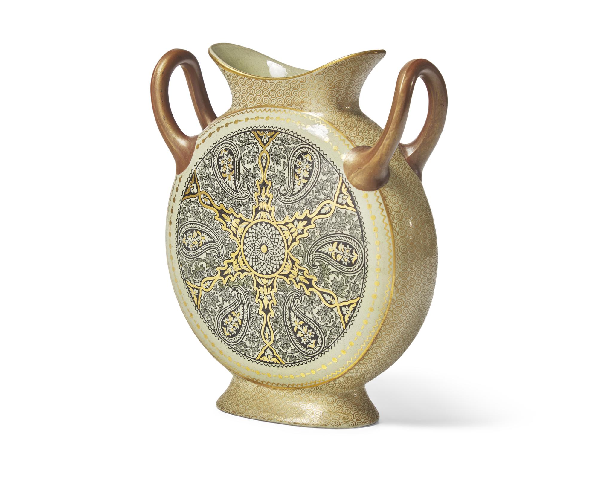 A Wedgwood Glazed Earthenware Moon Flask in the Manner of Christopher Dresser