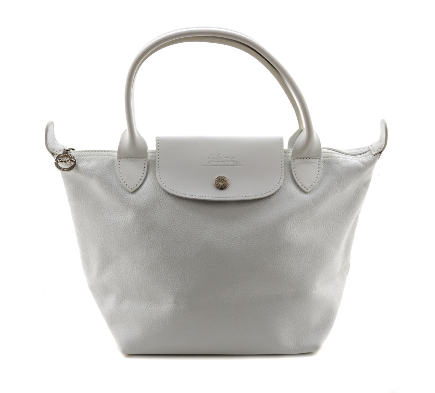 A Longchamp White Leather Le Pliage Mini Handbag, 13.25" x 9.5" x 1.5".