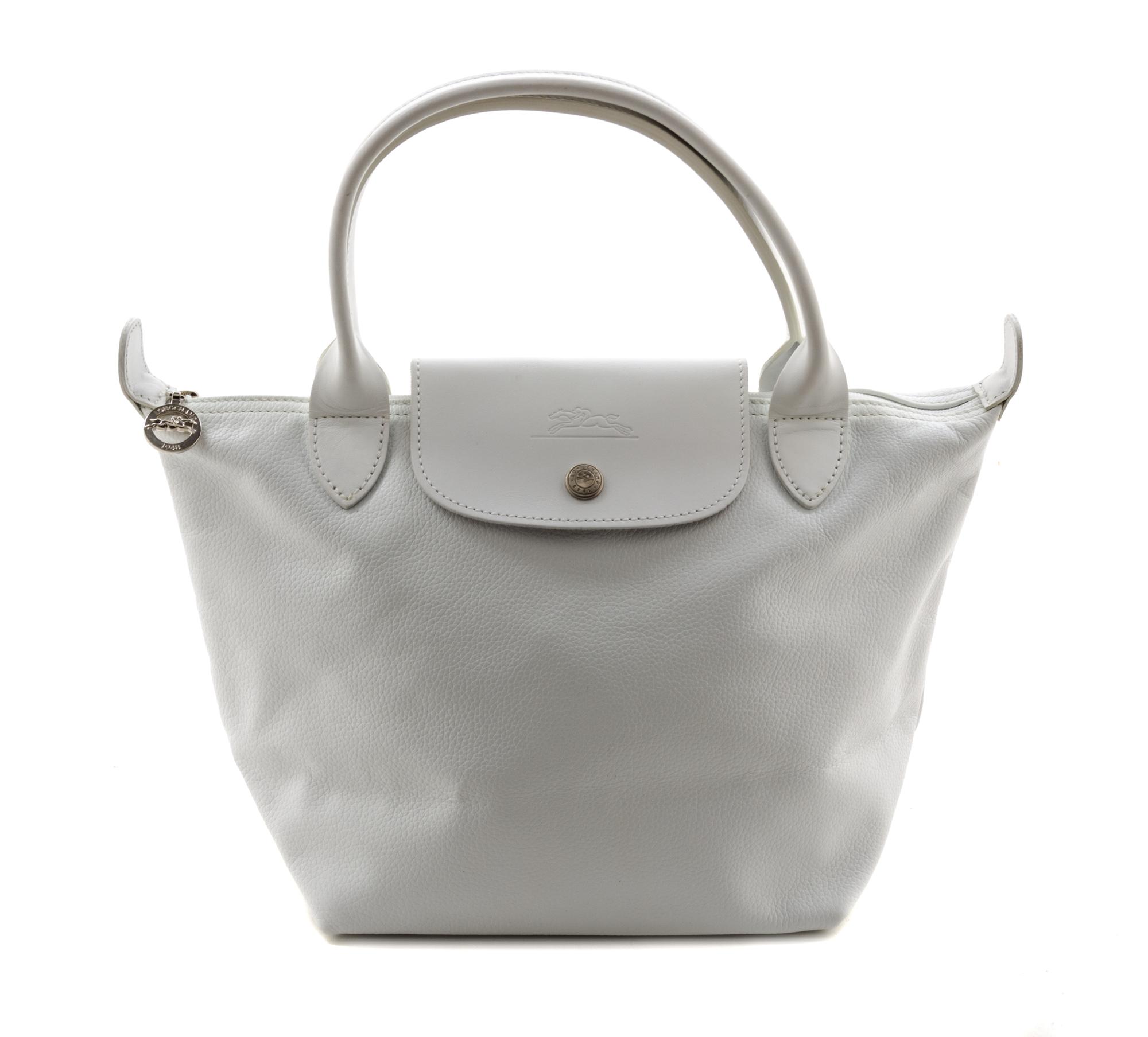 A Longchamp White Leather Le Pliage Mini Handbag, 13.25" x 9.5" x 1.5".