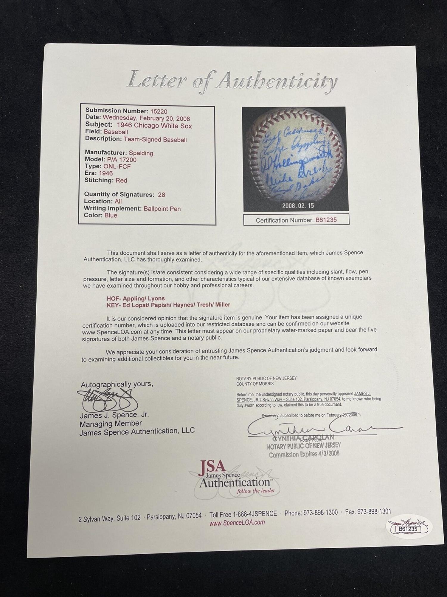 A 1946 Chicago White Sox Team Signed Autograph Baseball (JSA Letter of Authenticity)