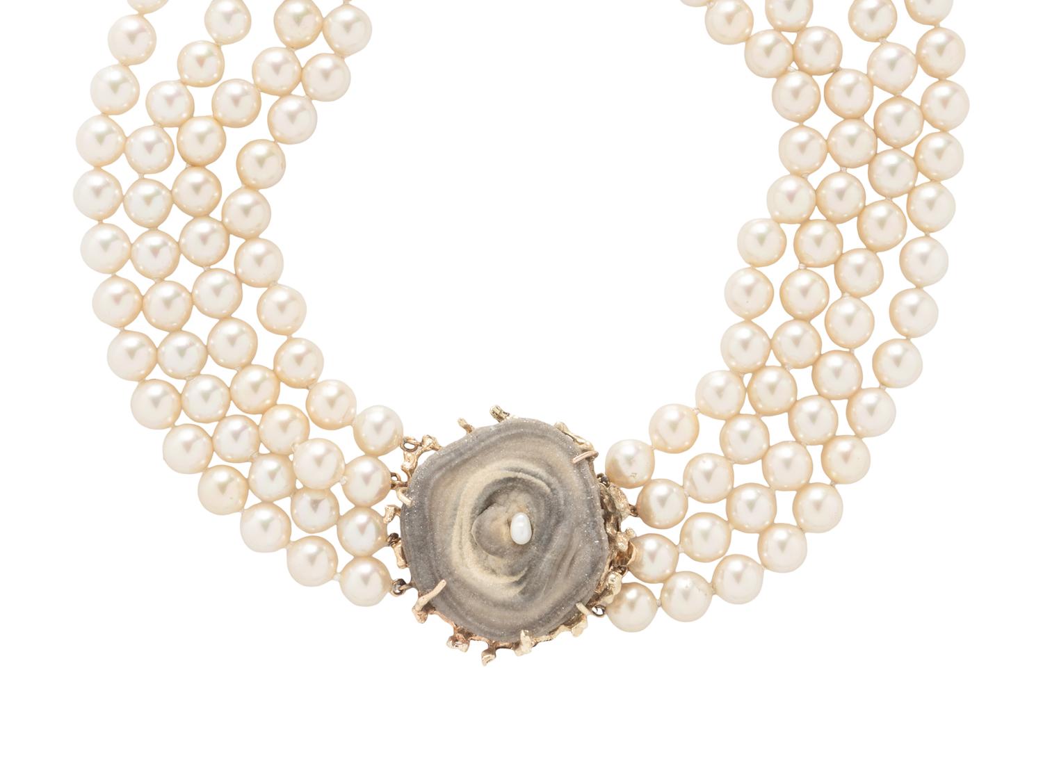 DRUZY QUARTZ, SIMULATED PEARL, AND YELLOW GOLD NECKLACE