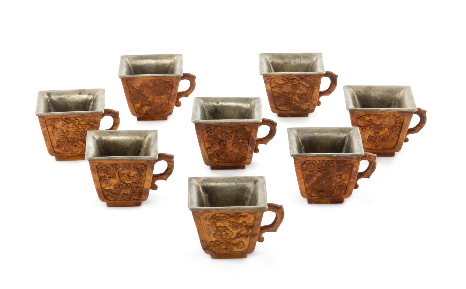 A Set of Eight Silver Inset Wood Wine Cups Height 1 3/4 inches. — 19TH CENTURY