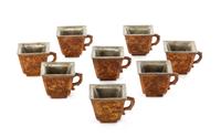 A Set of Eight Silver Inset Wood Wine Cups Height 1 3/4 inches. — 19TH CENTURY