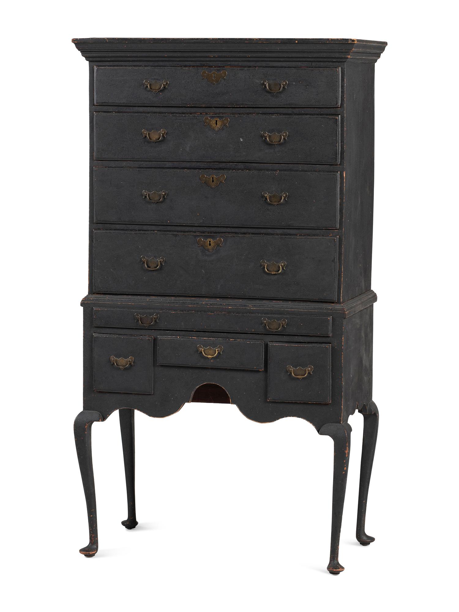 A Queen Anne Black Painted Maple Flat-Top High Chest
