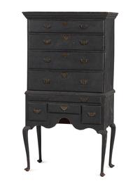 A Queen Anne Black Painted Maple Flat-Top High Chest