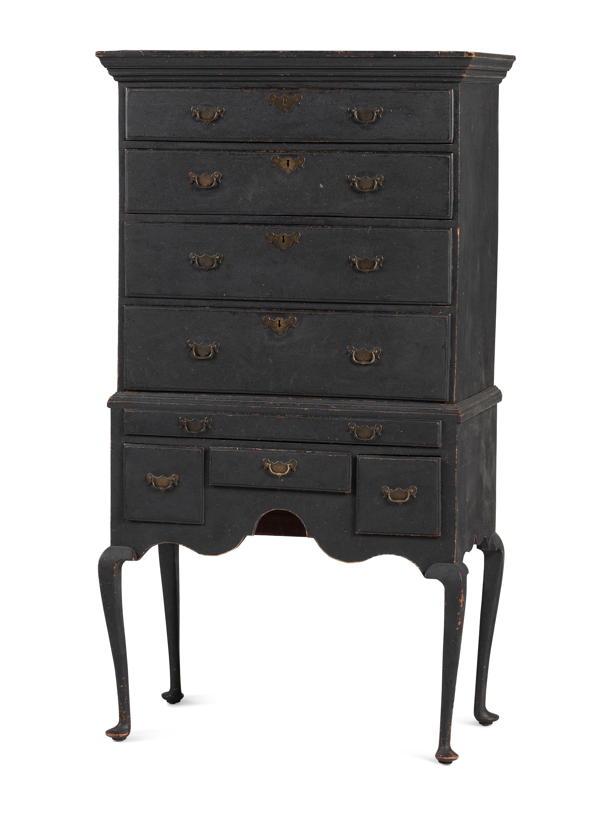 A Queen Anne Black Painted Maple Flat-Top High Chest