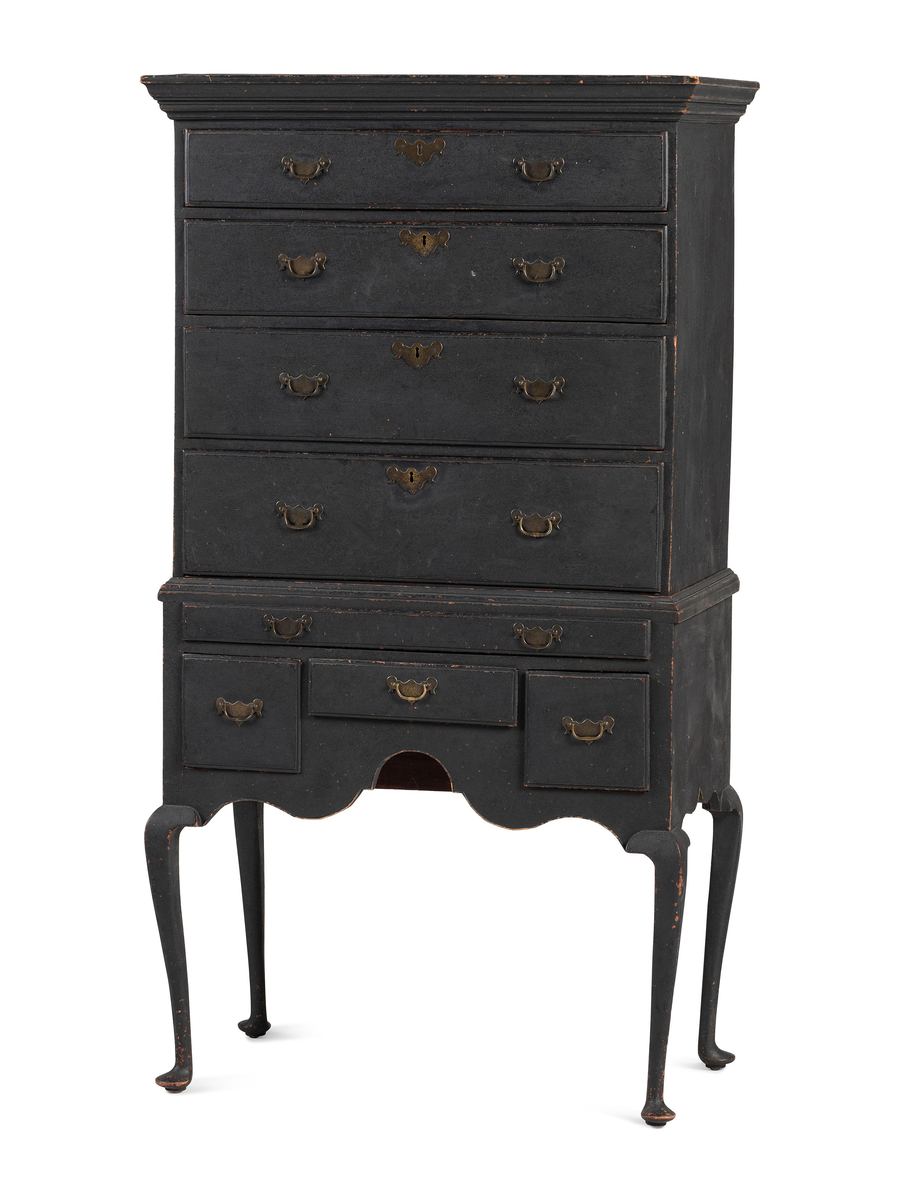 A Queen Anne Black Painted Maple Flat-Top High Chest