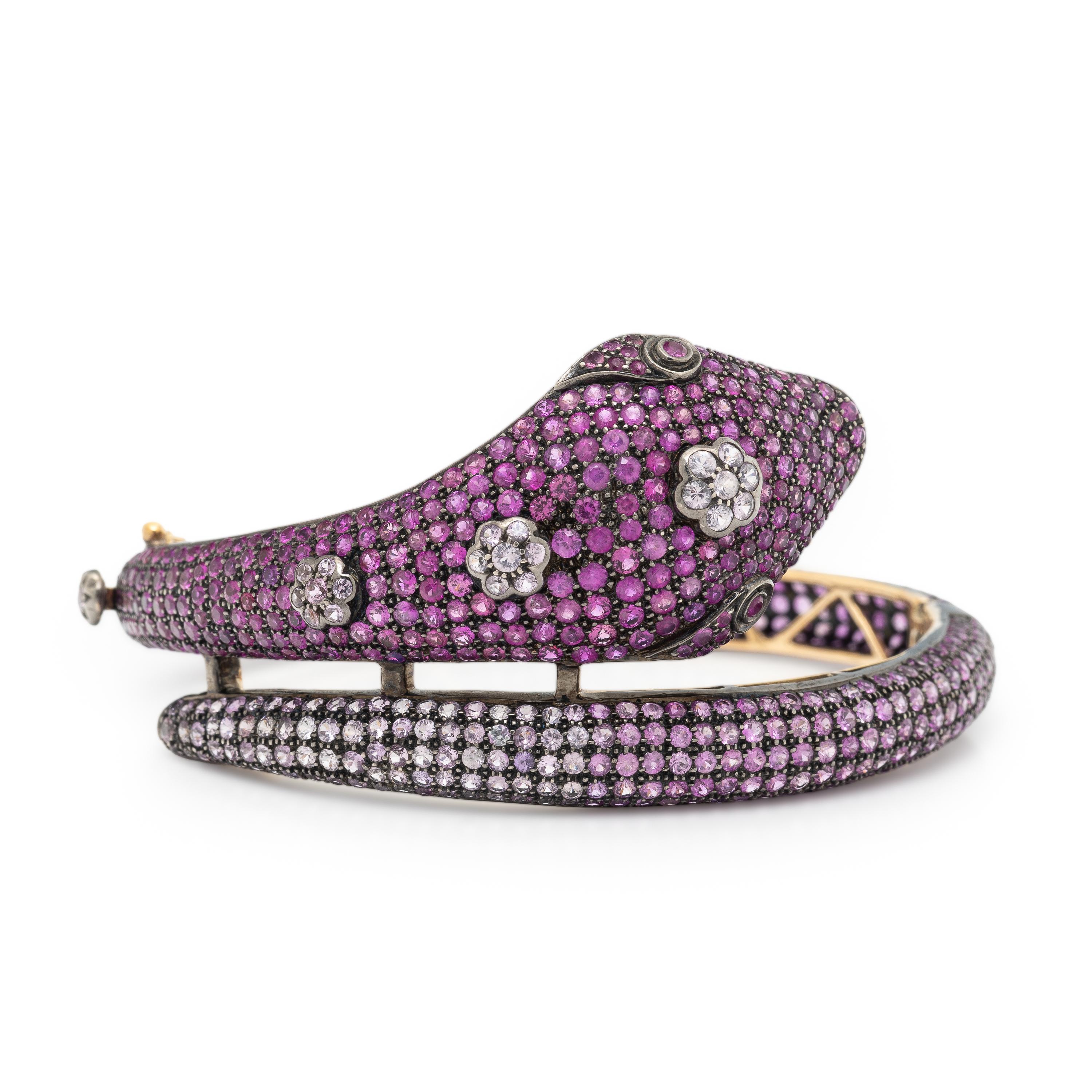 Pink Sapphire, Silver, and Yellow Gold Snake Bangle Bracelet