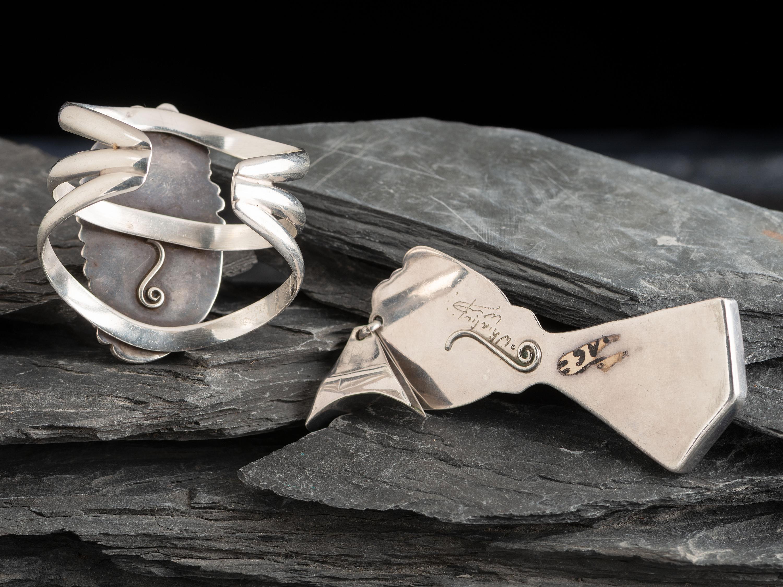 Ray Morton, Whirling Wind (Diné, 20th/21st century) — Sterling Silver and Sugillite Cuff Bracelet and Pendant